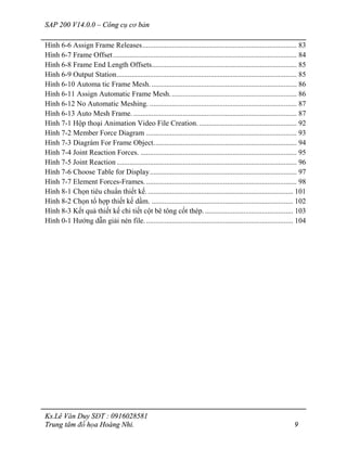SAP 200 V14.0.0 – Công cụ cơ bản
Ks.Lê Văn Duy SĐT : 0916028581
Trung tâm đồ họa Hoàng Nhi. 9
Hình 6-6 Assign Frame Releases.................................................................................... 83
Hình 6-7 Frame Offset.................................................................................................... 84
Hình 6-8 Frame End Length Offsets............................................................................... 85
Hình 6-9 Output Station.................................................................................................. 85
Hình 6-10 Automa tic Frame Mesh. ............................................................................... 86
Hình 6-11 Assign Automatic Frame Mesh..................................................................... 86
Hình 6-12 No Automatic Meshing. ................................................................................ 87
Hình 6-13 Auto Mesh Frame.......................................................................................... 87
Hình 7-1 Hộp thoại Animation Video File Creation. ..................................................... 92
Hình 7-2 Member Force Diagram .................................................................................. 93
Hình 7-3 Diagrám For Frame Object.............................................................................. 94
Hình 7-4 Joint Reaction Forces. ..................................................................................... 95
Hình 7-5 Joint Reaction .................................................................................................. 96
Hình 7-6 Choose Table for Display................................................................................ 97
Hình 7-7 Element Forces-Frames................................................................................... 98
Hình 8-1 Chọn tiêu chuẩn thiết kế................................................................................ 101
Hình 8-2 Chọn tổ hợp thiết kế dầm. ............................................................................. 102
Hình 8-3 Kết quả thiết kế chi tiết cột bê tông cốt thép................................................. 103
Hình 0-1 Hướng dẫn giải nén file................................................................................. 104
 