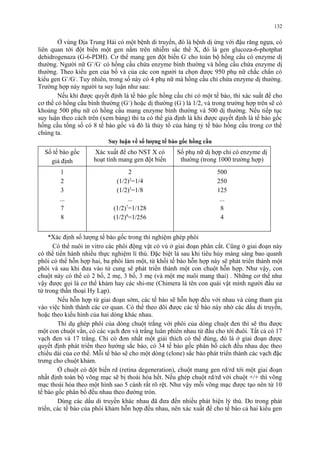 132 
Ở vùng Địa Trung Hải có một bệnh di truyền, đó là bệnh dị ứng với đậu răng ngựa, có 
liên quan tới đột biến một gen nằm trên nhiễm sắc thể X, đó là gen glucoza-6-photphat 
dehidrogenaza (G-6-PDH). Cơ thể mang gen đột biến G- cho toàn bộ hồng cầu có enzyme dị 
thường. Người nữ G+/G- có hồng cầu chứa enzyme bình thường và hồng cầu chứa enzyme dị 
thường. Theo kiểu gen của bố và của các con người ta chọn được 950 phụ nữ chắc chắn có 
kiểu gen G+/G-. Tuy nhiên, trong số này có 4 phụ nữ mà hồng cầu chỉ chứa enzyme dị thường. 
Trường hợp này người ta suy luận như sau: 
Nếu khi được quyết định là tế bào gốc hồng cầu chỉ có một tế bào, thì xác suất để cho 
cơ thể có hồng cầu bình thường (G+) hoặc dị thường (G-) là 1/2, và trong trường hợp trên sẽ có 
khoảng 500 phụ nữ có hồng cầu mang enzyme bình thường và 500 dị thường. Nếu tiếp tục 
suy luận theo cách trên (xem bảng) thì ta có thể giả định là khi được quyết định là tế bào gốc 
hồng cầu tổng số có 8 tế bào gốc và đó là thủy tổ của hàng tỷ tế bào hồng cầu trong cơ thể 
chúng ta. 
Suy luận về số lượng tế bào gốc hồng cầu 
Số tế bào gốc 
giả định 
Xác xuất để cho NST X có 
hoạt tính mang gen đột biến 
Số phụ nữ dị hợp chỉ có enzyme dị 
thường (trong 1000 trường hợp) 
1 
2 
3 
... 
7 
8 
2 
(1/2)2=1/4 
(1/2)3=1/8 
... 
(1/2)7=1/128 
(1/2)8=1/256 
500 
250 
125 
... 
8 
4 
*Xác định số lượng tế bào gốc trong thí nghiệm ghép phôi 
Có thể nuôi in vitro các phôi động vật có vú ở giai đoạn phân cắt. Cũng ở giai đoạn này 
có thể tiến hành nhiều thực nghiệm lí thú. Đặc biệt là sau khi tiêu hủy màng sáng bao quanh 
phôi có thể hỗn hợp hai, ba phôi làm một, từ khối tế bào hỗn hợp này sẽ phát triển thành một 
phôi và sau khi đưa vào tử cung sẽ phát triển thành một con chuột hỗn hợp. Như vậy, con 
chuột này có thể có 2 bố, 2 mẹ, 3 bố, 3 mẹ (và một mẹ nuôi mang thai) . Những cơ thể như 
vậy được gọi là cơ thể khảm hay các shi-me (Chimera là tên con quái vật mình người đầu sư 
tử trong thần thoại Hy Lạp). 
Nếu hỗn hợp từ giai đoạn sớm, các tế bào sẽ hỗn hợp đều với nhau và cùng tham gia 
vào việc hình thành các cơ quan. Có thể theo dõi được các tế bào này nhờ các dấu di truyền, 
hoặc theo kiểu hình của hai dòng khác nhau. 
Thí dụ ghép phôi của dòng chuột trắng với phôi của dòng chuột đen thì sẽ thu được 
một con chuột vằn, có các vạch đen và trắng luân phiên nhau từ đầu cho tới đuôi. Tất cả có 17 
vạch đen và 17 trắng. Chỉ có đơn nhất một giải thích có thể đúng, đó là ở giai đoạn được 
quyết định phát triển theo hướng sắc bào, có 34 tế bào gốc phân bố cách đều nhau dọc theo 
chiều dài của cơ thể. Mỗi tế bào sẽ cho một dòng (clone) sắc bào phát triển thành các vạch đặc 
trưng cho chuột khảm. 
Ở chuột có đột biến rd (retina degeneration), chuột mang gen rd/rd tới một giai đoạn 
nhất định toàn bộ võng mạc sẽ bị thoái hóa hết. Nếu ghép chuột rd/rd với chuột +/+ thì võng 
mạc thoái hóa theo một hình sao 5 cánh rất rõ rệt. Như vậy mỗi võng mạc được tạo nên từ 10 
tế bào gốc phân bố đều nhau theo đường tròn. 
Dùng các dấu di truyền khác nhau đã đưa đến nhiều phát hiện lý thú. Do trong phát 
triển, các tế bào của phôi khảm hỗn hợp đều nhau, nên xác xuất để cho tế bào cả hai kiểu gen 
 