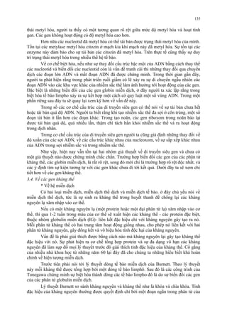 135 
thái metyl hóa, người ta thấy có một tương quan rõ rệt giữa mức độ metyl hóa và hoạt tính 
gen. Các gen không hoạt động có độ metyl hóa cao hơn. 
Hơn nữa các nucleotid đã metyl hóa có thể tái bản được trạng thái metyl hóa của mình. 
Tồn tại các metylase metyl hóa citozin ở mạch kia khi mạch này đã metyl hóa. Sự tồn tại các 
enzyme này đảm bảo cho sự tái bản các citozin đã metyl hóa. Trên thực tế cũng thấy sự duy 
trì trạng thái metyl hóa trong nhiều thế hệ tế bào. 
Về cơ chế biệt hóa, nếu như sự thay đổi cấu trúc bậc một của ADN bằng cách thay thế 
các nucleotid và biến đổi các nucleotid còn là vấn đề tranh cãi thì những thay đổi qua chuyển 
dịch các đoạn lớn ADN và mất đoạn ADN đã được chứng minh. Trong thời gian gần đây, 
người ta phát hiện rằng trong phát triển ruồi giấm có lẽ xảy ra sự di chuyển ngẫu nhiên các 
đoạn ADN vào các khu vực khác của nhiễm sắc thể làm ảnh hưởng tới hoạt động của các gen. 
Đặc biệt là những biến đổi của các gen globin miễn dịch, ở đây người ta xác lập rằng trong 
biệt hóa tế bào limpho xảy ra sự kết hợp một cách có quy luật một số vùng ADN. Trong một 
phần riêng sau đây ta sẽ quay lại xem kỹ hơn về vấn đề này. 
Trong số các cơ chế cấu trúc của di truyền siêu gen có thể nói về sự tái bản chưa hết 
hoặc tái bản quá độ ADN. Người ta biết rằng khi tạo nhiễm sắc thể đa sợi ở côn trùng, một số 
đoạn tái bản ít lần hơn các đoạn khác. Trong tạo noãn, các gen riboxom trong noãn bào lại 
được tái bản quá độ, quá nhiều lần, thậm chí tách hẳn khỏi nhiễm sắc thể và ra hoạt động 
trong dịch nhân. 
Trong cơ chế cấu trúc của di truyền siêu gen người ta cũng giả định những thay đổi về 
độ xoắn của các sợi ADN, về các cấu trúc khác nhau của nucleoxom, về sự sắp xếp khác nhau 
của ADN trong sợi nhiễm sắc và trong nhiễm sắc thể. 
Như vậy, hiện nay vẫn tồn tại hai nhóm giả thuyết về di truyền siêu gen và chưa có 
một giả thuyết nào được chứng minh chắc chắn. Trường hợp biến đổi các gen của các phân tử 
kháng thể, các globin miễn dịch, là rất rõ rệt, song đó mới chỉ là trường hợp rõ rệt độc nhất, và 
các ý định tìm sự kiện tương tự với các gen khác chưa đi tới kết quả. Dưới đây ta sẽ xem chi 
tiết hơn về các gen kháng thể. 
3.4. Về các gen kháng thể 
* Về hệ miễn dịch 
Có hai loại miễn dịch, miễn dịch thể dịch và miễn dịch tế bào. ở đây chủ yếu nói về 
miễn dịch thể dịch, tức là sự sinh ra kháng thể trong huyết thanh để chống lại các kháng 
nguyên lạ xâm nhập vào cơ thể. 
Nếu có một kháng nguyên lạ (một protein hoặc một đại phân từ lạ) xâm nhập vào cơ 
thể, thì qua 1-2 tuần trong máu của cơ thể sẽ xuất hiện các kháng thể - các protein đặc biệt, 
thuộc nhóm globulin miễn dịch (IG)- liên kết đặc hiệu chỉ với kháng nguyên gây tạo ra nó. 
Mỗi phân tử kháng thể có hai trung tâm hoạt động giống nhau, cho phép nó liên kết với hai 
phân tử kháng nguyên, gây đông kết và vô hiệu hóa tính độc hại của kháng nguyên. 
Vấn đề là phải giải thích được bằng cách nào mà kháng nguyên lại gây tạo kháng thể 
đặc hiệu với nó. Sự phát hiện ra cơ chế tổng hợp protein và sự đa dạng vô hạn các kháng 
nguyên đã làm sụp đổ mọi lý thuyết trước đó giải thích tính đặc hiệu của kháng thể. Cố gắng 
của nhiều nhà khoa học từ những năm 60 lại đây đã cho chúng ta những hiểu biết khá hoàn 
chỉnh về hiện tượng miễn dịch. 
Trước tiên phải nói tới lý thuyết dòng tế bào miễn dịch của Burnett. Theo lý thuyết 
này mỗi kháng thể được tổng hợp bởi một dòng tế bào limphô. Sau đó là các công trình của 
Tonegawa chứng minh sự biệt hóa thành dòng các tế bào limpho đó là do sự biến đổi các gen 
của các phân tử globulin miễn dịch. 
Lý thuyết Burnett so sánh kháng nguyên và kháng thể như là khóa và chìa khóa. Tính 
đặc hiệu của kháng nguyên thường được quyết định chỉ bởi một đoạn ngắn trong phân tử của 
 