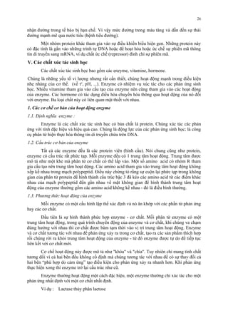 nhận đương trong tế bào bi hạn chế. Vi vậy mức đương trong máu tăng và dẫn đến sự thải 
đương mạnh me qua nước tiêu (bệnh tiêu đương). 
Môt nhóm protein khác tham gia vào sự điêu khiên biêu hiện gen. Nhưng protein này 
có đăc tinh là găn vào nhưng trinh tự DNA hoăc đê hoạt hóa hoăc ức chế sự phiên ma thông 
tin di truyên sang mRNA, vi du chất ức chế (repressor) đinh chi sự phiên ma. 
V. Các chất xúc tác sinh học 
Các chất xúc tác sinh học bao gồm các enzyme, vitamine, hormone. 
Chúng là những yếu tố vi lượng nhưng rất cần thiết, chúng hoạt động mạnh trong điều kiện 
nhẹ nhàng của cơ thể. (về to, pH, ...). Enzyme có nhiệm vụ xúc tác cho các phản ứng sinh 
học. Nhiều vitamine tham gia vào cấu tạo của enzyme nên cũng tham gia vào các hoạt động 
của enzyme. Các hormone có tác dụng điều hòa chuyển hóa thông qua hoạt động của nó đối 
với enzyme. Ba loại chất này có liên quan mật thiết với nhau. 
1. Các cơ chế cơ bản của hoạt động enzyme 
1.1. Định nghĩa enzyme : 
Enzyme là các chất xúc tác sinh học có bản chất là protein. Chúng xúc tác các phản 
ứng với tính đặc hiệu và hiệu quả cao. Chúng là động lực của các phản ứng sinh học; là công 
cụ phân tử hiện thực hóa thông tin di truyền chứa trên DNA. 
1.2. Cấu trúc cơ bản của enzyme 
Tất cả các enzyme đều là các protein viên (hình cầu). Nói chung cũng như protein, 
enzyme có cấu trúc rất phức tạp. Mỗi enzyme đều có 1 trung tâm hoạt động. Trung tâm được 
mô tả như một khe mà phân tử cơ chất có thể lấp vào. Một số amino acid có nhóm R tham 
gia cấu tạo nên trung tâm hoạt động. Các amino acid tham gia vào trung tâm hoạt động không 
xếp kề nhau trong mạch polypeptid. Điều này chứng tỏ rằng sự cuộn lại phức tạp trong không 
gian của phân tử protein để hình thành cấu trúc bậc 3 đã kéo các amino acid từ các điểm khác 
nhau của mạch polypeptid đến gần nhau về mặt không gian để hình thành trung tâm hoạt 
động của enzyme thường gồm các amino acid không kề nhau - đó là điều bình thường. 
1.3. Phương thức hoạt động của enzyme 
Mỗi enzyme có một cấu hình lập thể xác định và nó ăn khớp với các phần tử phản ứng 
hay các cơ chất. 
Đầu tiên là sự hình thành phức hợp enzyme - cơ chất. Mỗi phân tử enzyme có một 
trung tâm hoạt động, trong quá trình chuyển động của enzyme và cơ chất, khi chúng va chạm 
đúng hướng với nhau thì cơ chất được bám tạm thời vào vị trí trung tâm hoạt động. Enzyme 
và cơ chất tương tác với nhau để phản ứng xảy ra trong cơ chất, tạo ra các sản phẩm thích hợp 
rồi chúng rời ra khỏi trung tâm hoạt động của enzyme - từ đó enzyme được tự do để tiếp tục 
liên kết với cơ chất mới. 
Cơ chế hoạt động này được mô tả như "khóa" và "chìa". Tuy nhiên chỉ mang tính chất 
tương đối vì cả hai bên đều không cố định mà chúng tương tác với nhau để có sự thay đổi cả 
hai bên “phù hợp do cảm ứng” tạo điều kiện cho phản ứng xảy ra nhanh hơn. Khi phản ứng 
thực hiện xong thì enzyme trở lại cấu trúc như cũ. 
Enzyme thường hoạt động một cách đặc hiệu, một enzyme thường chỉ xúc tác cho một 
phản ứng nhất định với một cơ chất nhất định. 
Ví dụ : Lactase thủy phân lactose 
26 
 