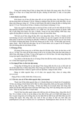 50 
Trong môi trường lỏng tế bào có dạng hình cầu (bạch cầu trong máu). Đa số tế bào 
động vật và thực vật có dạng hình khối đa giác, thường là hình khối 12 mặt; có loại phân 
nhánh. 
2. Kích thước của tế bào 
Kích thước của tế bào rất khác nhau đối với các loài khác nhau. Nói chung tế bào có 
độ lớn trung bình vào khoảng 3-30 (m. Nhưng có những tế bào rất lớn có thể nhìn thấy, sờ mó 
được như trứng gà, trứng vịt... Tế bào có kích thước lớn nhất là trứng đà điểu có đường kính 
đạt tới 17,5 cm. Trái lại đa số tế bào vi khuẩn có kích thước từ khoảng 1-3 (m. 
Ngày nay người ta đã khám phá ra một loại tế bào có thể xem là nhỏ nhất đó là tế bào 
Mycoplasma laidlawi có đường kính 0,1 (m. (1000 Ao), chỉ lớn hơn nguyên tử Hydro 1000 
lần và gần bằng kích thước của siêu vi khuẩn. Trong nó chỉ chứa khoảng 1000 hoặc chục 
nghìn các đại phân tử sinh học và tổng hợp vài chục các men khác nhau. 
Thể tích của tế bào cũng rất thay đổi ở các dạng khác nhau. Tế bào vi khuẩn có thể 
tích khoảng 2,5 (m3 ( micro khối). Đối với các tế bào của các mô ở người ( trừ một số tế bào 
thần kinh) có thể tích vào khoảng từ 200 đến 15.000 (m3. Thường thể tích của các loại tế bào 
là cố định và không phụ thuộc vào thể tích chung của cơ thể. Ví dụ : Tế bào thận, gan của bò, 
ngựa, chuột... đều có thể tích như nhau. Sự sai về kích thước của cơ quan là do số lượng tế 
bào chứ không phải do kích thứơc tế bào. 
3. Số lượng tế bào 
Số lượng tế bào trong các cơ thể khác nhau thì rất khác nhau. Sinh vật đơn bào cơ thể 
chỉ có 1 tế bào. Các sinh vật đa bào trong cơ thể có từ vài trăm tế bào như bọn luân trùng có 
400 tế bào, đến hàng tỷ tế bào. Ví dụ cơ thể người có 6.1014 tế bào. Chỉ tính riêng hồng cầu 
trong máu người cũng đã đạt tới 23.000 tỷ. 
Tuy nhiên cơ thể đa bào dù có số lượng tế bào lớn đến bao nhiêu cũng được phát triển 
từ 1 tế bào khởi nguyên gọi là hợp tử. 
4. Các dạng tế bào và cấu trúc đại cương 
Trong thực tế không tồn tại một dạng tế bào chung nhất cho tất cả các cơ thể sinh vật 
mà tế bào phân hóa ở nhiều dạng khác nhau trong quá trình tiến hóa của sinh vật. Ngày nay 
nhờ kỹ thuật kính hiển vi điện tử, người ta đã xác lập được 2 dạng tổ chức tế bào: 
-Dạng có nhân nguyên thủy, có tổ chức còn nguyên thủy, chưa có màng nhân 
(procaryota). 
- Dạng tế bào có nhân chính thức (Eukaryota). 
4.1. Cấu trúc của các tế bào nhân nguyên thủy ( procaryota) 
Thuộc loại tế bào nhân nguyên thủy có vi khuẩn (Bacteria) và thanh tảo (Cyanophyta). 
Tế bào của chúng có kích thước từ 0,5 đến 3(, thiếu màng nhân, thiếu các bào quan chính thức 
như lục lạp, thể lizo, phức hệ Golgi... Ở bọn này thông tin di truyền được tích trong một 
nhiễm sắc thể độc nhất gồm mạch xoắn kép ADN dạng vòng, NST này không chứa các protid 
kiềm. Thiếu bộ máy phân bào và hạch nhân. 
Vách tế bào bao phía ngoài màng sinh chất tạo nên cái khung cứng, vững chắc cho tế 
bào. Nó có nhiệm vụ bảo vệ sự tác động cơ học đến tế bào, giữ và cố định hình dạng của tế 
bào và quan trọng hơn cả là chống chịu các tác nhân bất lợi nhất là áp suất thẩm thấu của môi 
trường bên ngoài. Độ vững chắc của vách tế bào có được là nhờ các tính chất của 
peptidoglucan (còn gọi là murin) chỉ có ở prokaryota. Peptidoglucan được cấu tạo từ 2 loại 
 