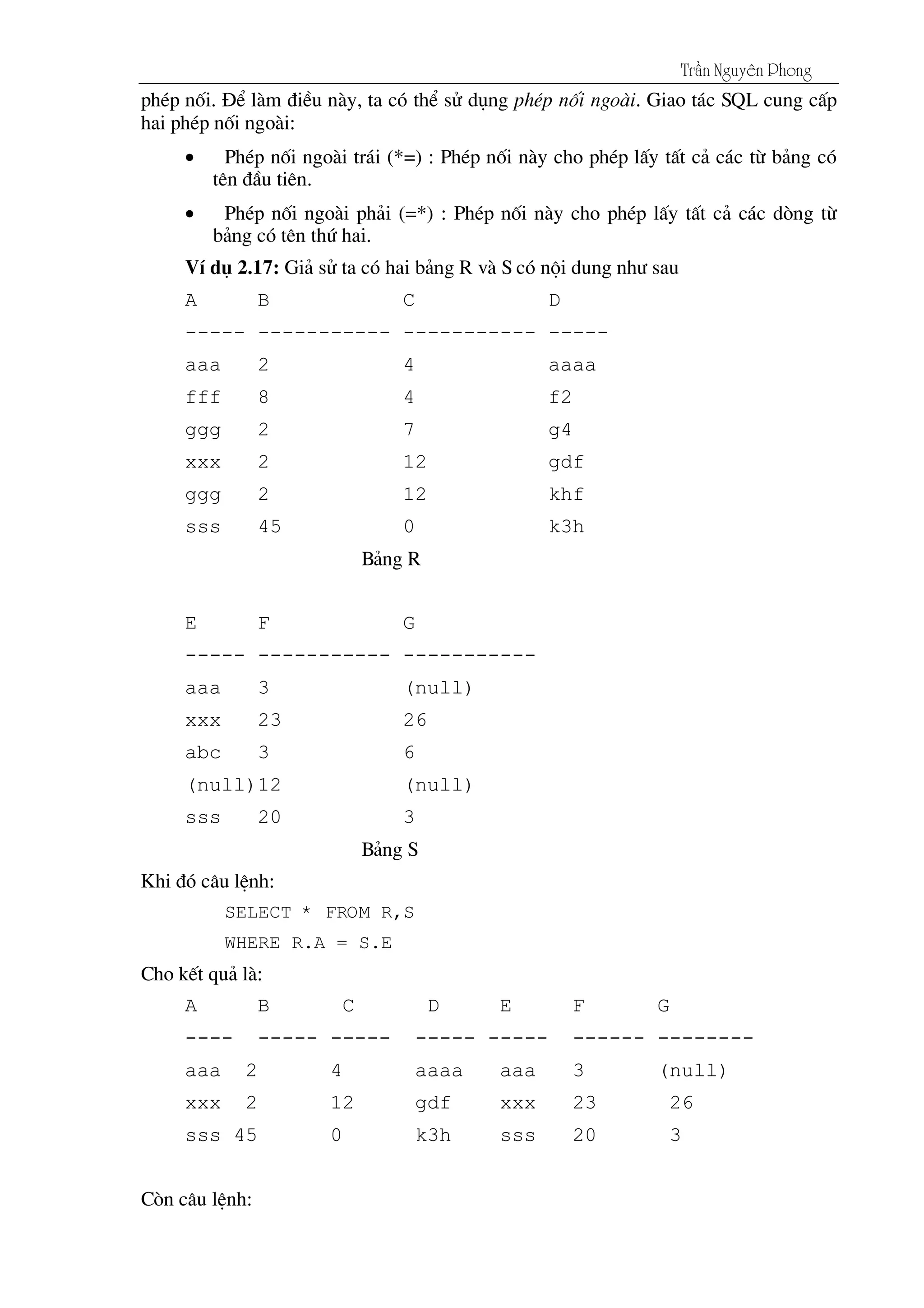 Tráön Nguyãn Phong
phÐp nèi. §Ó lµm ®iÒu nµy, ta cã thÓ sö dông phÐp nèi ngoµi. Giao t¸c SQL cung cÊp
hai phÐp nèi ngoµi:
• PhÐp nèi ngoµi tr¸i (*=) : PhÐp nèi nµy cho phÐp lÊy tÊt c¶ c¸c tõ b¶ng cã
tªn ®Çu tiªn.
• PhÐp nèi ngoµi ph¶i (=*) : PhÐp nèi nµy cho phÐp lÊy tÊt c¶ c¸c dßng tõ
b¶ng cã tªn thø hai.
VÝ dô 2.17: Gi¶ sö ta cã hai b¶ng R vµ S cã néi dung nh­ sau
A B C D
----- ----------- ----------- -----
aaa 2 4 aaaa
fff 8 4 f2
ggg 2 7 g4
xxx 2 12 gdf
ggg 2 12 khf
sss 45 0 k3h
B¶ng R
E F G
----- ----------- -----------
aaa 3 (null)
xxx 23 26
abc 3 6
(null)12 (null)
sss 20 3
B¶ng S
Khi ®ã c©u lÖnh:
SELECT * FROM R,S
WHERE R.A = S.E
Cho kÕt qu¶ lµ:
A B C D E F G
---- ----- ----- ----- ----- ------ --------
aaa 2 4 aaaa aaa 3 (null)
xxx 2 12 gdf xxx 23 26
sss 45 0 k3h sss 20 3
Cßn c©u lÖnh:
 