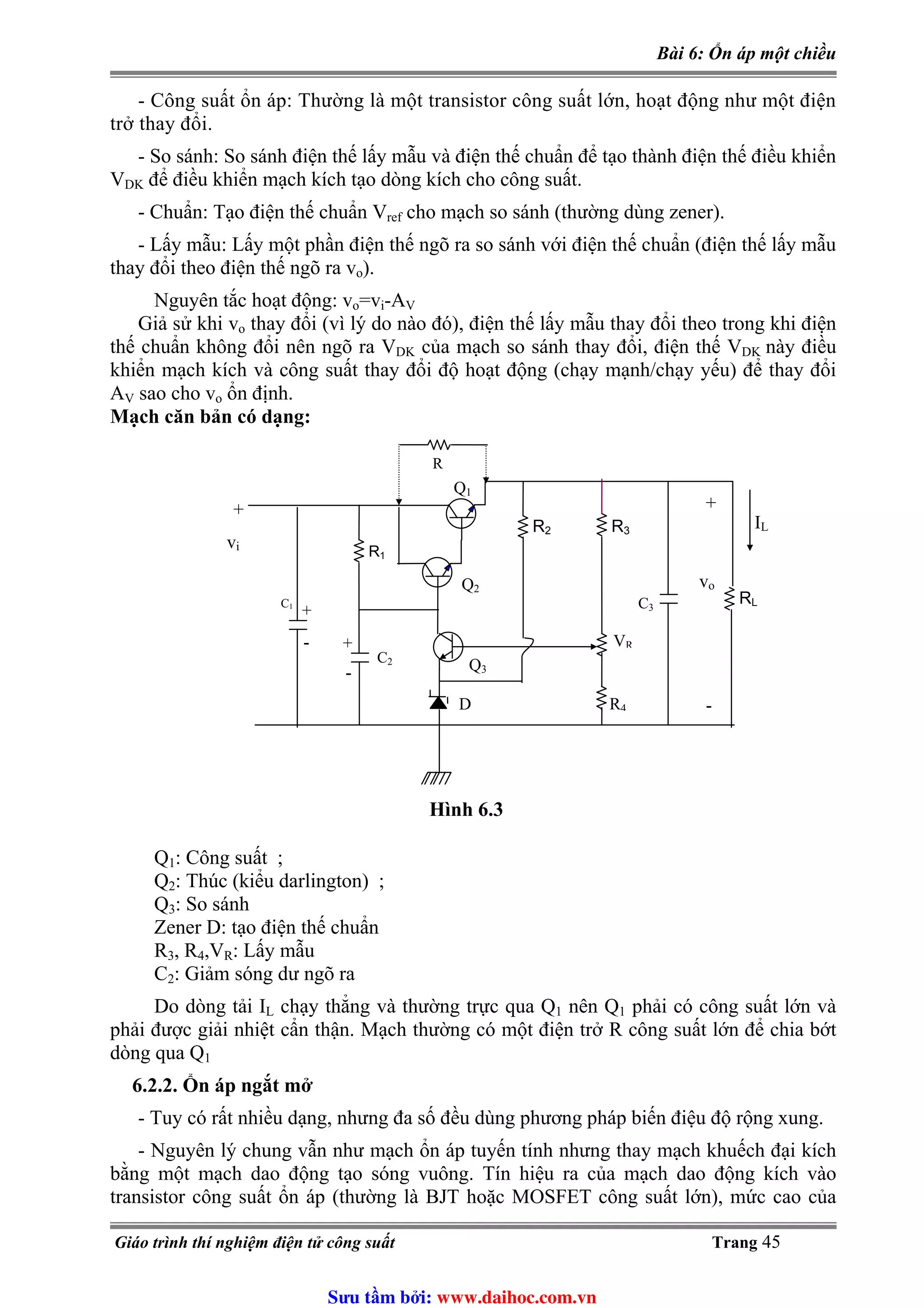 Bài 6: Ổn áp một chiều
- Công suất ổn áp: Thường là một transistor công suất lớn, hoạt động như một điện
trở thay đổi.
- So sánh: So sánh điện thế lấy mẫu và điện thế chuẩn để tạo thành điện thế điều khiển
VDK để điều khiển mạch kích tạo dòng kích cho công suất.
- Chuẩn: Tạo điện thế chuẩn Vref cho mạch so sánh (thường dùng zener).
- Lấy mẫu: Lấy một phần điện thế ngõ ra so sánh với điện thế chuẩn (điện thế lấy mẫu
thay đổi theo điện thế ngõ ra vo).
Nguyên tắc hoạt động: vo=vi-AV
Giả sử khi vo thay đổi (vì lý do nào đó), điện thế lấy mẫu thay đổi theo trong khi điện
thế chuẩn không đổi nên ngõ ra VDK của mạch so sánh thay đổi, điện thế VDK này điều
khiển mạch kích và công suất thay đổi độ hoạt động (chạy mạnh/chạy yếu) để thay đổi
A sao cho vV o ổn định.
Mạch căn bản có dạng:
R3
VR
R4
R2
Q1
Q2
Q3
R1
RL
IL
+
-
vo
C3
D
C2
C1
+
+
-
-
R
+
vi
Hình 6.3
Q1: Công suất ;
Q2: Thúc (kiểu darlington) ;
Q3: So sánh
Zener D: tạo điện thế chuẩn
R3, R4,VR: Lấy mẫu
C2: Giảm sóng dư ngõ ra
chạy thẳng và thường trực qua QDo dòng tải IL 1 nên Q1 phải có công suất lớn và
phải được giải nhiệt cẩn thận. Mạch thường có một điện trở R công suất lớn để chia bớt
dòng qua Q1
6.2.2. Ổn áp ngắt mở
- Tuy có rất nhiều dạng, nhưng đa số đều dùng phương pháp biến điệu độ rộng xung.
- Nguyên lý chung vẫn như mạch ổn áp tuyến tính nhưng thay mạch khuếch đại kích
bằng một mạch dao động tạo sóng vuông. Tín hiệu ra của mạch dao động kích vào
transistor công suất ổn áp (thường là BJT hoặc MOSFET công suất lớn), mức cao của
Giáo trình thí nghiệm điện tử công suất Trang 45
Sưu t m b i: www.daihoc.com.vn
 