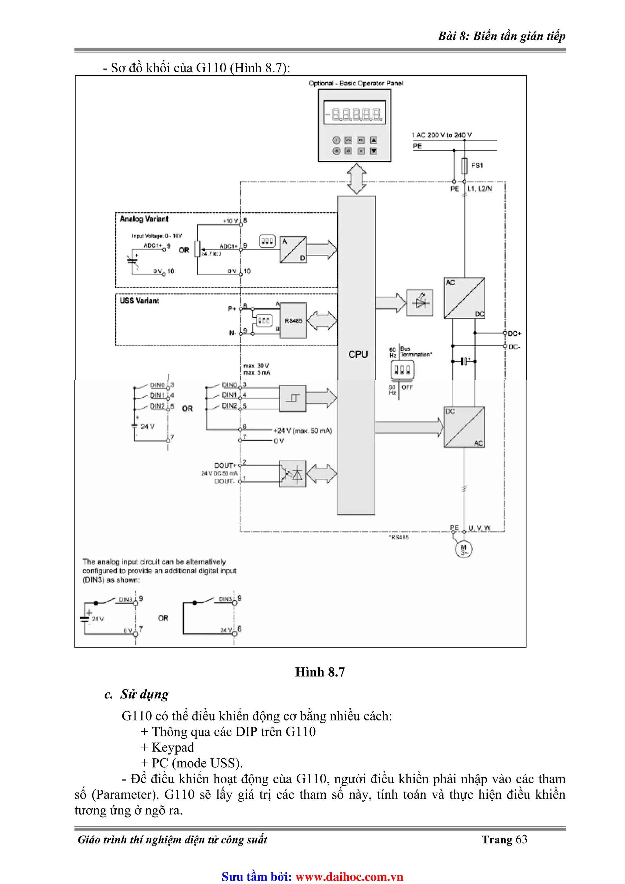 Bài 8: Biến tần gián tiếp
- Sơ đồ khối của G110 (Hình 8.7):
Hình 8.7
c. Sử dụng
G110 có thể điều khiển động cơ bằng nhiều cách:
+ Thông qua các DIP trên G110
+ Keypad
+ PC (mode USS).
- Để điều khiển hoạt động của G110, người điều khiển phải nhập vào các tham
số (Parameter). G110 sẽ lấy giá trị các tham số này, tính toán và thực hiện điều khiển
tương ứng ở ngõ ra.
Giáo trình thí nghiệm điện tử công suất Trang 63
Sưu t m b i: www.daihoc.com.vn
 