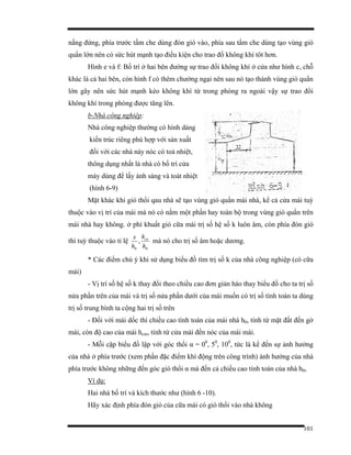 101
nắng đứng, phía trước tấm che dùng đón gió vào, phía sau tấm che dùng tạo vùng gió
quẩn lớn nên có sức hút mạnh tạo điều kiện cho trao đổ không khí tôt hơn.
Hình e và f: Bố trí ở hai bên đường sự trao đổi không khí ở cửa như hình c, chỗ
khác là cả hai bên, còn hình f có thêm chướng ngại nên sau nó tạo thành vùng gió quẩn
lớn gây nên sức hút mạnh kéo không khí từ trong phòng ra ngoài vậy sự trao đổi
không khí trong phòng được tăng lên.
b-Nhà công nghiệp:
Nhà công nghiệp thường có hình dáng
kiến trúc riêng phù hợp với sản xuất
đối với các nhà náy nóc có toả nhiệt,
thông dụng nhất là nhà có bố trí cửa
máy dùng để lấy ánh sáng và toát nhiệt
(hình 6-9)
Mặt khác khi gió thổi qau nhà sẽ tạo vùng gió quẩn mái nhà, kể cả cửa mái tuỳ
thuộc vào vị trí của mái mà nó có nằm một phần hay toàn bộ trong vùng gió quẩn trên
mái nhà hay không. ở phí khuất gió cữa mái trị số hệ số k luôn âm, còn phía đón gió
thì tuỳ thuộc vào tỉ lệ
00
,
h
h
h
x cn
mà nó cho trị số âm hoặc dương.
* Các điểm chú ý khi sử dụng biểu đồ tìm trị số k của nhà công nghiệp (có cữa
mái)
- Vị trí số hệ số k thay đổi theo chiều cao đơn giản háo thay biểu đồ cho ta trị số
nửa phần trên của mái và trị số nửa phần dưới của mái muốn có trị số tính toán ta dùng
trị số trung bình ta cộng hai trị số trên
- Đối với mái dốc thì chiều cao tính toán của mái nhà h0, tính từ mặt đất đến gờ
mái, còn độ cao của mái hcm, tính từ cửa mái đến nóc của mái mái.
- Mỗi cặp biểu đồ lập với góc thổi α = 00
, 50
, 100
, tức là kể đến sự ảnh hưởng
của nhà ở phía trước (xem phần đặc điểm khí động trên công trình) ảnh hưởng của nhà
phía trước không những đến góc gió thổi α mà đến cả chiều cao tính toán của nhà h0,
Ví dụ:
Hai nhà bố trí và kích thước như (hình 6 -10).
Hãy xác định phía đón gió của cữa mái có gió thổi vào nhà không
 