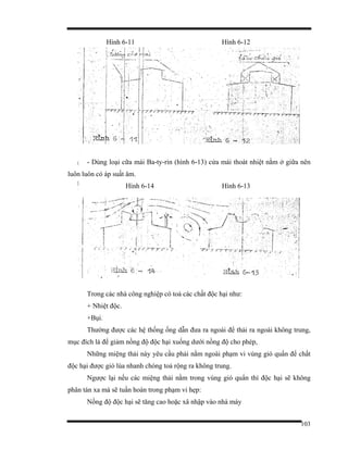 103
Hình 6-11 Hình 6-12
- Dùng loại cữa mái Ba-ty-rin (hình 6-13) cửa mái thoát nhiệt nằm ở giữa nên
luôn luôn có áp suất âm.
Hình 6-14 Hình 6-13
Trong các nhà công nghiệp có toả các chất độc hại như:
+ Nhiệt độc.
+Bụi.
Thường được các hệ thống ống dẫn đưa ra ngoài để thải ra ngoài không trung,
mục đích là để giảm nồng độ độc hại xuống dưới nồng độ cho phép,
Những miệng thải này yêu cầu phải nằm ngoài phạm vi vùng gió quẩn để chất
độc hại được gió lùa nhanh chóng toả rộng ra không trung.
Ngược lại nếu các miệng thải nằm trong vùng gió quẩn thì độc hại sẽ không
phân tán xa mà sẽ tuần hoàn trong phạm vi hẹp:
Nồng độ độc hại sẽ tăng cao hoặc xâ nhập vào nhà máy
 