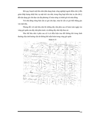 104
Khi quy hoạch một khu nhà (dân dụng hoặc công nghiệp) ngoài điểm chú ý đến
giảm thấp lượng nhiệt bức xạ mặt trời vào nhà, trong tổng hợp kiến trúc ta cần chú ý
đến tận dụng gió chủ đạo của địa phương về mùa nóng và tránh gió rét mùa đông.
Với nhà đứng riêng biệt cần có gió chủ đạo, mùa hè cần có gió thổi thẳng góc
vào mặt nhà,
Nhưng đối với một khu nhà thì những dãy nhà phía sau sẽ hoàn toàn ngập vào
vùng gió quẩn của dãy nhà phía trước và những dãy nhà tiếp theo nó .
Như thế khu nhà ở phía sau sẽ ít có điều kiện trao đổi không khí trong lành
thường chịu ảnh hưởng xấu do không khí tuần hoàn trong vùng gió quẩn
Hình 6-15
 
