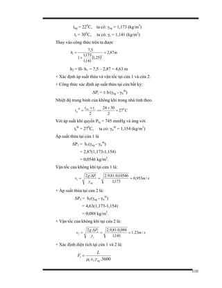 110
tng = 220
C, ta có: γng = 1,173 (kg/m3
)
tr = 300
C, ta có: γr = 1,141 (kg/m3
)
Thay vào công thức trên ta được
( )
mh 87,2
25,1
141,1
173,1
1
5,7
2
1 =
+
=
h2 = H- h1 = 7,5 – 2,87 = 4,63 m
+ Xác định áp suất thừa và vận tốc tại cửa 1 và cửa 2.
+ Công thức xác định áp suất thừa tại cửa bất kỳ:
∆Pi = ± h (γng - γtr
tb
)
Nhiệt độ trung bình của không khí trong nhà tính theo.
C
tt
t rvlvtb
tr
0
27
2
3024
2
=
+
==
+
=
Với áp suất khí quyển Plq = 745 mmHg và ứng với.
tr
tb
= 270
C, ta có: γtr
tb
= 1,154 (kg/m3
)
Áp suất thừa tại cửa 1 là
∆P1 = h1(γng - γtr
tb
)
= 2,87(1,173-1,154)
= 0,0546 kg/m2
.
Vận tốc của không khí tại cửa 1 là:
sm
Pg
v
ng
/953,0
173,1
10546,0.81,9.2.2 1
1 ==
∆
=
γ
+ Áp suất thừa tại cửa 2 là:
∆P2 = h2(γng - γtr
tb
)
= 4,63(1,173-1,154)
= 0,088 kg/m2
.
+ Vận tốc của không khí tại cửa 2 là:
sm
Pg
v
r
/23.1
141,1
088,0.81,9.2.2 2
2 ==
∆
=
γ
+ Xác định diện tích tại cửa 1 và 2 là:
3600... 11
1
ngv
L
F
γµ
=
 