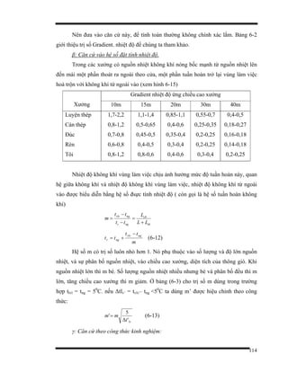 114
Nên đưa vào căn cứ này, để tính toán thường không chính xác lắm. Bảng 6-2
giới thiệu trị số Gradient. nhiệt độ để chúng ta tham khảo.
β: Căn cứ vào hệ số đặt tính nhiệt độ.
Trong các xưởng có nguồn nhiệt không khí nóng bốc mạnh từ nguồn nhiệt lên
đến mái một phần thoát ra ngoài theo cửa, một phần tuần hoàn trở lại vùng làm việc
hoà trộn với không khí từ ngoài vào (xem hình 6-15)
Gradient nhiệt độ ứng chiều cao xưởng
Xưởng 10m 15m 20m 30m 40m
Luyện thép
Cán thép
Đúc
Rèn
Tôi
1,7-2,2
0,8-1,2
0,7-0,8
0,6-0,8
0,8-1,2
1,1-1,4
0,5-0,65
0,45-0,5
0,4-0,5
0,8-0,6
0,85-1,1
0,4-0,6
0,35-0,4
0,3-0,4
0,4-0,6
0,55-0,7
0,25-0,35
0,2-0,25
0,2-0,25
0,3-0,4
0,4-0,5
0,18-0,27
0,16-0,18
0,14-0,18
0,2-0,25
Nhiệt độ không khí vùng làm việc chịu ảnh hưởng mức độ tuần hoàn này, quan
hệ giữa không khí và nhiệt độ không khí vùng làm việc, nhiệt độ không khí từ ngoài
vào được biểu diễn bằng hệ số đsực tính nhiệt độ ( còn gọi là hệ số tuần hoàn không
khí)
th
cb
ngr
ngvlv
LL
L
tt
tt
m
+
=
−
−
=
m
tt
tt
ngvlv
ngr
−
+= (6-12)
Hệ số m có trị số luôn nhỏ hơn 1. Nó phụ thuộc vào số lượng và độ lớn nguồn
nhiệt, và sự phân bố nguồn nhiệt, vào chiều cao xưởng, diện tích của thông gió. Khi
nguồn nhiệt lớn thì m bé. Số lượng nguồn nhiệt nhiều nhưng bé và phân bố đều thì m
lớn, tăng chiều cao xưởng thì m giảm. Ở bảng (6-3) cho trị số m dùng trong trường
hợp tlvl = tng = 50
C. nếu ∆tlv’ = tvlv– tng <50
C ta dùng m’ được hiệu chỉnh theo công
thức:
lvt
mm
'
5
'
∆
= (6-13)
γ: Căn cứ theo công thức kinh nghiệm:
 