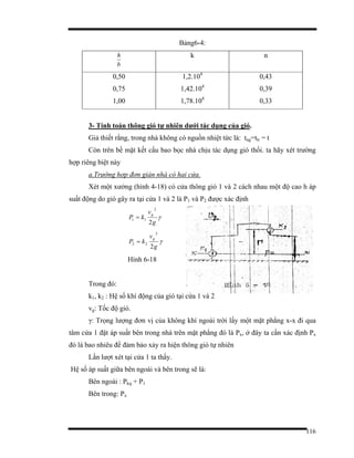 116
Bảng6-4:
b
h k n
0,50
0,75
1,00
1,2.104
1,42.104
1,78.104
0,43
0,39
0,33
3- Tính toán thông gió tự nhiên dưới tác dụng của gió.
Giả thiết rằng, trong nhà không có nguồn nhiệt tức là: tng=ttr = t
Còn trên bề mặt kết cấu bao bọc nhà chịu tác dụng gió thổi. ta hãy xét trường
hợp riêng biệt này
a.Trường hợp đơn giản nhà có hai cửa.
Xét một xưởng (hình 4-18) có cửa thông gió 1 và 2 cách nhau một độ cao h áp
suất động do gió gây ra tại cửa 1 và 2 là P1 và P2 được xác định
γ
g
v
kP
g
2
2
11 =
γ
g
v
kP
g
2
2
22 =
Hình 6-18
Trong đó:
k1, k2 : Hệ số khí động của gió tại cửa 1 và 2
vg: Tốc độ gió.
γ: Trọng lượng đơn vị của không khí ngoài trời lấy một mặt phẳng x-x đi qua
tâm cửa 1 đặt áp suất bên trong nhà trên mặt phẳng đó là Px, ở đây ta cần xác định Px
đó là bao nhiêu để đảm bảo xảy ra hiện thông gió tự nhiên
Lần lượt xét tại cửa 1 ta thấy.
Hệ số áp suất giữa bên ngoài và bên trong sẽ là:
Bên ngoài : Pkq + P1
Bên trong: Px
 