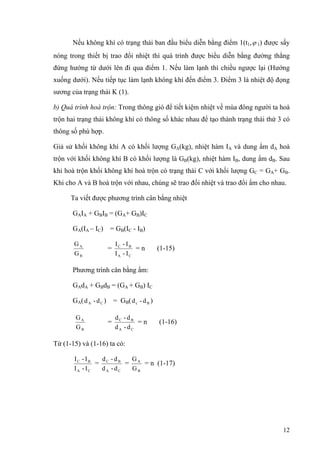 Nếu không khí có trạng thái ban đầu biểu diễn bằng điểm 1(t1,ϕ 1) được sấy
nóng trong thiết bị trao đổi nhiệt thì quá trình được biểu diễn bằng đường thẳng
đứng hướng từ dưới lên đi qua điểm 1. Nếu làm lạnh thì chiều ngược lại (Hướng
xuống dưới). Nếu tiếp tục làm lạnh không khí đến điểm 3. Điểm 3 là nhiệt độ đọng
sương của trạng thái K (1).
b) Quá trình hoà trộn: Trong thông gió để tiết kiệm nhiệt về mùa đông người ta hoà
trộn hai trạng thái không khí có thông số khác nhau để tạo thành trạng thái thứ 3 có
thông số phù hợp.
Giả sử khối không khí A có khối lượng GA(kg), nhiệt hàm IA và dung ẩm dA hoà
trộn với khối không khí B có khối lượng là GB(kg), nhiệt hàm IB, dung ẩm dB. Sau
khi hoà trộn khối không khí hoà trộn có trạng thái C với khối lượng GC = GA+ GB.
Khi cho A và B hoà trộn với nhau, chúng sẽ trao đổi nhiệt và trao đổi ẩm cho nhau.
Ta viết được phương trình cân bằng nhiệt
GAIA + GBIB = (GA+ GB)IC
GA(IA – IC) = GB(IC - IB)
B
A
G
G
=
CA
BC
I-I
I-I
= n (1-15)
Phương trình cân bằng ẩm:
GAdA + GBdB = (GA + GB) IC
GA( ) = GCA d-d B( )Bc d-d
B
A
G
G
=
CA
BC
d-d
d-d
= n (1-16)
Từ (1-15) và (1-16) ta có:
CA
BC
I-I
I-I
=
CA
BC
d-d
d-d
=
B
A
G
G
= n (1-17)
12
 