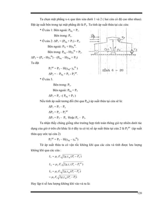 120
Ta chọn mặt phẳng x-x qua tâm xửa dưới 1 và 2 ( hai cửa có độ cao như nhau).
Đặt áp suất bên trong tại mặt phẳng đó là Px. Ta tính áp suất thừa tại các cửa:
* Ở cửa 1: Bên ngoài: Pkq + P1.
Bên trong: Px.
* Ở cửa 2: ∆P1 = (Pkq + P1) - Px.
Bên ngoài: PX + Hγtr
tb
.
Bên trong: Pkq - Hγtr
tb
+ P2.
∆P2 = (Px - Hγtr
tb
) – (Pkq – Hγng + P2)
Ta đặt
P2
qư
= P2 – H(γng- γtr
tb
)
∆P2 = – Pkq + Px - P2
qư
.
* Ở cửa 3.
Bên trong: Px.
Bên ngoài: Pkq + P3
∆P3 = Px –( Pkq + P3 )
Nếu tính áp suất tương đối (bỏ qua Pkq) áp suất thừa tại cửa sẽ là:
∆P1 = P1 – Px
∆P2 = Px – P2
qư
∆P3 = P3 – Px Hoặc Px – P3.
Ta nhận thấy chúng giống như trường hợp tính toán thông gió tự nhiên dưới tác
dụng của gió ở trên chỉ khác là ở đây ta có trị số áp suất thừa tại cửa 2 là P2
qư
(áp suất
thừa quy ước tại cửa 2)
P2
qư
= P2 – H(γng – γtr
tb
)
Từ áp suất thừa ta có vận tốc không khí qua các cửa và tính được lưu lượng
không khí qua các cửa :
)(.2. 1111 Xng PPgFL −= γµ
)(.2. 2222
qu
xr PPgFL −= γµ
)(.2.
)(.2.
333
3333
PPgF
PPgFL
xng
Xng
−=
−=
γµ
γµ
Hay lập tỉ số lưu lượng không khí vào và ra là:
 