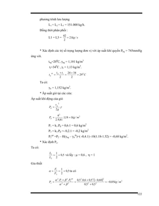 122
phương trình lưu lượng
L1 + L2 + L3 = 151.000 kg/h.
Đồng thời phân phối :
L1 = L3 = skg /21
2
42
=
* Xác định các trị số trọng lượng đơn vị với áp suất khí quyển Pkq = 745mmHg
ứng với.
tng=200
C, γng = 1,181 kg/m3
tr=340
C , γr = 1,13 kg/m3
.
C
tt
t rlvtb
tr
0
29
2
3424
2
=
+
=
+
=
Ta có:
γtr = 1,152 kg/m3
.
* Áp suất gió tại các cửa:
Áp suất khí động của gió
γ.
2
2
g
v
P
g
d =
2
2
/118,1.
81,9.2
4
mkgPd ==
P1 = k1.Pđ = 0,6.1 = 0,6 kg/m2
P3 = k3.Pđ =- 0,2.1 = -0,2 kg/m2
P2
qư
=P2 – H(γng – γtr
tb
)=( -0,4.1) -10(1.18-1.52) = -0,68 kg/m2
.
* Xác định Px.
Ta có:
5,0
2
1
2
1
==
L
L
và lấy : µ = 0,6 , η = 1
Gỉa thiết
5,0
2
1
2
1
===
F
F
α ta có
( ) 2
22
222
22
2
2
1
2
/05,0
5,05,0
68,05,06,0.5,0..
mkg
PP
P
qu
x −=
+
−+
=
+
+
=
βα
βα
 