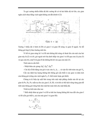 124
Ta gọi xưởng nhiều khẩu độ khi xưởng đó có từ hai khẩu dộ trở lên, các gian
ngăn cách nhau bằng vách ngăn không sát đất (hình 6-22)
Xưởng 3 khẩu độ ở hình (6-20) có gian I và gian III nóng và gian II nguội. Sơ đồ
thông gió hợp lý theo hướng mũi tên.
Vì bố trí gian nóng là I và III nên không khí nóng sẽ thoát lên cửa mái của hai
gian này là (2) và (4). gió ngoài trời lùa dưới thấp vào gian I và III qua cửa (1),cửa (5)
và qua cửa (6), cửa(7) từ gian II do không khí đi vào qua cửa mái (3).
Tính toán ta cần biết:
- Nhiệt thừa các giang: Qth
I
, Qth
II
, Qth
III
.
- Các hệ số khí động của gió ở các cửa: k1, k2 ….và vận tốc tính toán của gió Vg
Cần xác định lưu lượng không khí thông gió cần thiết ở các gian và diện tích
cửa thông gió (riêng cửa vách ngăn F6, F7 biết trước hoặc giả thiết)
Chúng ta kí hiệu áp suất bên trong trên một mặt phẳng chuẩn nào đó tại các
gian là Px, Py, Pz, tuần tự cho các gian I, II, III, và từ đó có thể tách riêng từng gian để
tính toán thông gió riêng biệt như một bài toán tính cho một khẩu độ.
Trình tự tính toán như sau
* Biết nhiệt thừa tại gian I và III ta tính lưu lượng không khí trao đổi cho gian I
và III (cần giả thiết tr, tại cửa mái gian I và gian III):
)( v
I
r
th
I
I
ttc
Q
L
−
=
)( v
III
r
th
III
III
ttc
Q
L
−
=
 