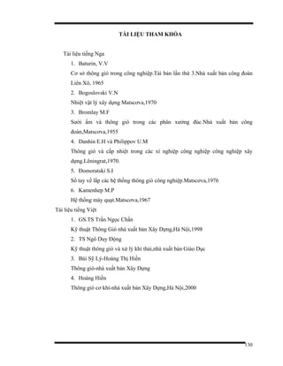 130
TÀI LIỆU THAM KHỎA
Tài liệu tiếng Nga
1. Baturin, V.V
Cơ sở thông gió trong công nghiệp.Tái bản lần thứ 3.Nhà xuất bản công đoàn
Liên Xô, 1965
2. Bogoslovski V.N
Nhiệt vật lý xây dựng Matscơva,1970
3. Bromlay M.F
Sưởi ấm và thông gió trong các phân xưởng đúc.Nhà xuất bản công
đoàn,Matscơva,1955
4. Danhin E.H và Philippov U.M
Thông gió và cấp nhiệt trong các xí nghiệp công nghiệp công nghiệp xây
dựng.Lêningrat,1970.
5. Đomoratski S.I
Sổ tay về lắp các hệ thống thông gió công nghiệp.Matscơva,1976
6. Kamenhep M.P
Hệ thống máy quạt.Matscơva,1967
Tài liệu tiếng Việt
1. GS.TS Trần Ngọc Chấn
Kỹ thuật Thông Gió nhà xuất bản Xây Dựng,Hà Nội,1998
2. TS Ngô Duy Động
Kỹ thuật thông gió và xử lý khí thải,nhà xuất bản Giáo Dục
3. Bùi Sỹ Lý-Hoàng Thị Hiền
Thông gió-nhà xuất bản Xây Dựng
4. Hoàng Hiền
Thông gió cơ khí-nhà xuất bản Xây Dựng,Hà Nội,2000
 