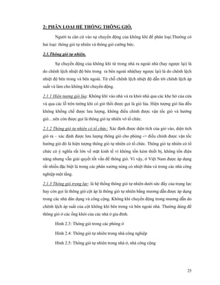 25
2: PHÂN LOẠI HỆ THỐNG THÔNG GIÓ.
Người ta căn cứ vào sự chuyển động của không khí để phân loại.Thường có
hai loại: thông gió tự nhiên và thông gió cưỡng bức.
2.1.Thông gió tự nhiên.
Sự chuyển động của không khí từ trong nhà ra ngoài nhà (hay ngược lại) là
do chênh lệch nhiệt độ bên trong ra bên ngoài nhà(hay ngược lại) là do chênh lệch
nhiệt độ bên trong và bên ngoài. Từ chỗ chênh lệch nhiệt độ dẫn tới chênh lệch áp
suất và làm cho không khí chuyển động.
2.1.1 Hiện tượng gió lùa: Không khí vào nhà và ra khỏi nhà qua các khe hở của cửa
và qua các lỗ trên tường khi có gió thổi được gọi là gió lùa. Hiện tượng gió lùa đều
không khống chế được lưu lượng, không điều chỉnh được vận tốc gió và hướng
gió…nên còn được gọi là thông gió tự nhiên vô tổ chức.
2.1.2 Thông gió tự nhiên có tổ chức: Xác định được diện tích của gió vào, diện tích
gió ra – xác định được lưu lượng thông gió cho phòng -> điều chỉnh được vận tốc
hướng gió đó là hiện tượng thông gió tự nhiên có tổ chức. Thông gió tự nhiên có tổ
chức có ý nghĩa rất lớn về mặt kinh tế vì không tốn kém thiết bị, không tốn điện
năng nhưng vẫn giải quyết tốt vấn đề thông gió. Vì vậy, ở Việt Nam được áp dụng
rất nhiều đặc biệt là trong các phân xưởng nóng có nhiệt thừa và trong các nhà công
nghiệp một tầng.
2.1.3 Thông gió trọng lực: là hệ thống thông gió tự nhiên dưới sức đẩy của trọng lực
hay còn gọi là thông gió cột áp là thông gió tự nhiên bằng mương dẫn được áp dụng
trong các nhà dân dụng và công cộng. Không khí chuyển động trong mương dẫn do
chênh lệch áp suất của cột không khí bên trong và bên ngoài nhà. Thường dùng để
thông gió ở các ống khói của các nhà ở gia đình.
Hình 2.3: Thông gió trong các phòng ở
Hình 2.4: Thông gió tự nhiên trong nhà công nghiệp
Hình 2.5: Thông gió tự nhiên trong nhà ở, nhà công cộng
 
