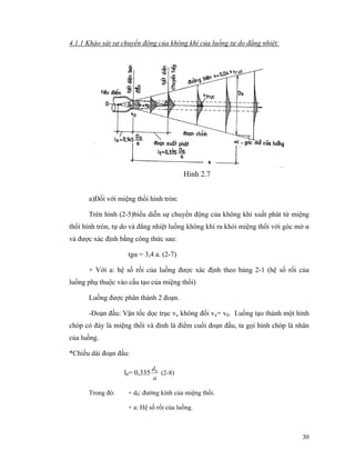 30
4.1.1 Khảo sát sự chuyển động của không khí của luồng tự do đẳng nhiệt:
a)Đối với miệng thổi hình tròn:
Trên hình (2-5)biểu diễn sự chuyển động của không khí xuất phát từ miệng
thổi hình tròn, tự do và đẳng nhiệt luồng không khí ra khỏi miệng thổi với góc mở α
và được xác định bằng công thức sau:
tgα = 3,4 a. (2-7)
+ Với a: hệ số rối của luồng được xác định theo bảng 2-1 (hệ số rối của
luồng phụ thuộc vào cấu tạo của miệng thổi)
Luồng được phân thành 2 đoạn.
-Đoạn đầu: Vận tốc dọc trục vx không đổi vx= v0. Luồng tạo thành một hình
chóp có đáy là miệng thổi và đỉnh là điểm cuối đoạn đầu, ta gọi hình chóp là nhân
của luồng.
*Chiều dài đoạn đầu:
l0= 0,335
a
d0
(2-8)
Trong đó: + d0: đường kính của miệng thổi.
+ a: Hệ số rối của luồng.
Hình 2.7
 