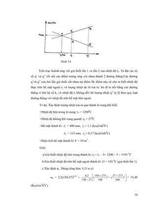 54
Trên trục hoành ứng với giả thiết lần 1 và lần 2 của nhiệt độ t3. Ta đặt các trị
số q’ và q” rồi nối các điểm tương ứng với nhau thành 2 đường thẳng.Các đường
q’và q” của hai lần giả thiết cắt nhau tại điểm M, điểm này sẽ cho ta biết nhiệt độ
thực trên bề mặt ngoài t3 và lượng nhiệt do lò toả ra. Sở dĩ ta nối bằng các đường
thẳng vì khi hệ số k1 và nhiệt độ t2 không đổi thì lượng nhiệt q” tỷ lệ theo quy luật
đường thẳng với nhiệt độ trên bề mặt bên ngoài.
Ví dụ: Xác định lượng nhiệt toả ra qua thành lò nung khi biết:
+Nhiệt độ bên trong lò nung: t1 = 12000
C
+Nhiệt độ không khí xung quanh: t4 = 270
C
+Bề mặt thành lò: 1δ = 480 mm, 1λ = 1,1 (kcal/mh0
C)
2δ = 115 mm, 2λ = 0,17 (kcal/mh0
C)
+Diện tích bề mặt thành lò: F = 10 m2
.
Giải:
a.Giả thiết nhiệt độ bên trong thành lò: t2 = t1 – 5= 1200 – 5 = 1195 0
C
b.Giả thiết nhiệt độ trên bề mặt ngoài thành lò: t3 = 150 0
C (giả thiết lần 1)
c.Xác định α4. Dùng công thức 3-23 ta có
α4 = 2,2(150-27)0,25
+ ⎥⎦
⎤
⎢⎣
⎡ +
−
+
−
44
)
100
27327
()
100
273150
(
27150
2,4
= 15,49
(Kcal/m2
h0
C)
Hình 3.6
 