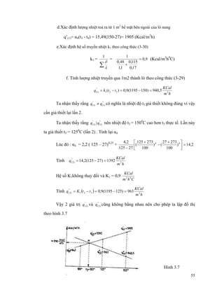 55
d.Xác định lượng nhiệt toả ra từ 1 m2
bề mặt bên ngoài của lò nung
q’(1)= α4(t3 - t4) = 15,49(150-27)= 1905 (Kcal/m2
h)
e.Xác định hệ số truyền nhiệt k1 theo công thức (3-30)
k1 =
∑λ
δ
1
= 9,0
17,0
115,0
1,1
48,0
1
=
+
(Kcal/m2
h0
C)
f. Tính lượng nhiệt truyền qua 1m2 thành lò theo công thức (3-29)
hm
KCal
ttkq 2321
"
)1( 5,940)1501195(9,0)( =−=−=
Ta nhận thấy rằng "
)1(
'
)1( qq ≠ có nghĩa là nhiệt độ t3 giả thiết không đúng vì vậy
cần giả thiết lại lần 2.
Ta nhận thấy rằng "
)1(
'
)1( qq 〉 nên nhiệt độ t3 = 1500
C cao hơn t3 thực tế. Lần này
ta giả thiết t3 = 1250
C (lần 2) . Tính lại α4
Lúc đó : α4 = 2,2 ( 125 – 27)0,25
+ 2,14)
100
27327
()
100
273125
(
27125
2,4 44
=⎥⎦
⎤
⎢⎣
⎡ +
−
+
−
Tính
hm
KCal
q 2
"
)2( 1392)27125(2,14 =−=
Hệ số K1không thay đổi và K1 = 0,9
Chm
KCal
02
Tính ( )
hm
KCal
ttKq 2321
"
)2( 963)1251195(9,0 =−=−=
Vậy 2 giá trị '
)2(q và "
)2(q cũng không bằng nhau nên cho phép ta lập đồ thị
theo hình 3.7
Hình 3.7
 