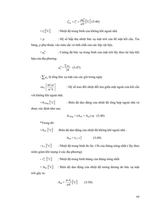 64
[ ]C
N
q
tt
tb
bxtb
n
tb
tong
0
α
ρ
+= (3-46)
+ [ ]Ctt
N
00
: Nhiệt độ trung bình của không khí ngoài nhà
+ ρ : Hệ số hấp thụ nhiệt bức xạ mặt trời của bề mặt kết cấu. Tra
bảng, ρ phụ thuộc vào màu sắc và tính chất của các lớp vật liệu.
+ tb
lxq : Cường độ bức xạ trung bình của mặt trời lấy theo tài liệu khí
hậu của địa phương.
tb
lxq =
24
lxq∑
(3.47)
-∑ lxq là tổng bức xạ mặt của các giờ trong ngày
-αN ⎥⎦
⎤
⎢⎣
⎡
hm
KCal
2
: Hệ số trao đổi nhiệt đối lưu giữa mặt ngoài của kết cấu
với không khí ngoài nhà.
+ATổng [ ]C0
: Biên độ dao động của nhiệt độ tổng hợp ngoài nhà và
được xác định như sau:
ATổng = (AtN + Atd ) ψ (3-48)
*Trong đó:
+AtN [ ]C0
:Biên độ dao động của nhiệt độ không khí ngoài nhà :
AtN = t13 - tb
Nt (3-49)
- t13 [ ]C0
: Nhiệt độ trung bình đo lúc 13h của tháng nóng nhất ( lấy theo
niêm giám khí tượng ở các địa phương)
- tb
Nt [ ]C0
: Nhiệt độ trung bình tháng của tháng nóng nhất
+ Atd [ ]C0
: Biên độ dao động của nhiệt độ tương đương do bức xạ mặt
trời gây ra:
Atd = [ ]C
N
Aq 0
.
α
ϕ
(3-50)
 