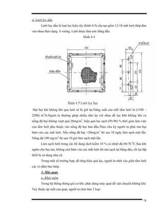 78
d- Lưới lọc dầu.
Lưới lọc dầu là loại lọc kiểu rây (hình 4-5) cấu tạo gồm 12-18 mắt lưới thép đan
vào nhau theo dạng ô vuông. Lưới được tẩm ước bằng dầu
Hình 4-5
Hạt bụi khi không khí qua lưới sẽ bị giữ lại.Năng suất của mỗi tấm lưới là (1100 –
2200) m3
/h.Người ta thường ghép nhiều tấm lại với nhau để lọc khô không khí có
nồng độ bụi không vượt quá 20mg/m3
, hiệu quả lọc sạch (95-98) % thời gian làm việc
của tấm lưới phụ thuộc vào nồng độ bụi ban đầu.Theo chu kỳ người ta phải rửa bụi
bám vào các mắt lưới. Nếu nồng độ bụi >20mg/m3
thì sau 10 ngày làm sạch một lần.
Nồng độ 100 mg/m3
thì sau 10 giờ làm sạch một lần.
Làm sạch lưới trong các bể dung dịch kiềm 10 % có nhiệt độ 60-70 0
C.Sau khi
ngâm cho bụi tan, không còn bám vào các mắt lưới thì rửa sạch lại bằng dầu, rồi lại lắp
thiết bị sử dụng như cũ.
Trong một số trường hợp, để tăng hiệu quả lọc, người ta nhét vào giữa tấm lưới
các vỏ dăm bào thép.
3- Máy quạt.
a- Khái niệm:
Trong hệ thống thông gió cơ khí, phải dùng máy quạt để vận chuyển không khí.
Tuỳ thuộc áp suất của quạt, người ta chia làm 3 loại:
 