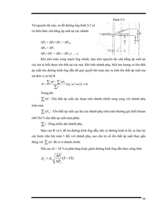 94
Hình 5-3
Từ nguyên tắc này, sơ đồ đường ống hình 5-2 sẽ
có biểu thức cân bằng áp suất tại các nhánh:
∆P3 + ∆P2+∆P1 = ∆P10.
∆P8 = ∆P1
∆P2+∆P1 = ∆P9 = ∆P12v ….v
Khi tính toán xong mạch ống chính, dựa trên nguyên tắc cân bằng áp suất tại
các nút ta biết được tổn thất tại các nút. Khi tính nhánh phụ, biết lưu lượng và tổn thất
áp suất tìm đường kính ống dẫn để giải quyết bài toán này ta tính tổn thất áp suất ma
sát đơn vị sơ bộ R
14)-(5)./(' 2
mmkg
l
PP
R cbi
∑
∑ ∑∆−∆
=
Trong đó:
∑∆ iP : Tổn thất áp suất các đoạn trên nhánh chính song song với nhánh phụ
tính toán.
∑∆ cbP : Tổn thất áp suất cục bộ của nhánh phụ tính toán thường giả thiết khoản
(40-70) % tổn thất áp suất toàn phần.
∑l : Tổng chiều dài nhánh phụ.
Dựa vào R và L để tra đường kính ống dẫn, khi có đường kính d rồi, ta làm lại
các bước như bài toán 1 đối với nhánh phụ, sao cho trị số tổn thất áp suất thực gần
đúng với ∑∆ iP :đã có ở nhánh chính.
Nếu sai số > 10 % ta phải tăng hoặc giảm đường kính ống dẫn theo công thức
)155(
2
1
12 −
∆
∆
=
P
P
dd
 