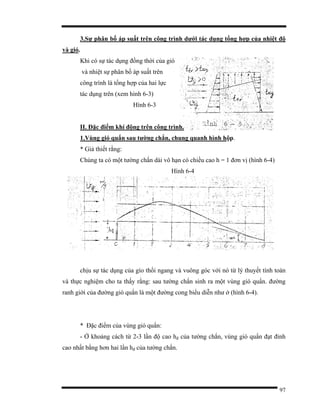 97
3.Sự phân bố áp suất trên công trình dưới tác dụng tổng hợp của nhiệt độ
và gió.
Khi có sự tác dụng đồng thời của gió
và nhiệt sự phân bố áp suất trên
công trình là tổng hợp của hai lực
tác dụng trên (xem hình 6-3)
Hình 6-3
II. Đặc điểm khí động trên công trình.
1.Vùng gió quẩn sau tường chắn, chung quanh hình hộp.
* Giả thiết rằng:
Chúng ta có một tường chắn dài vô hạn có chiều cao h = 1 đơn vị (hình 6-4)
Hình 6-4
chịu sự tác dụng của gío thổi ngang và vuông góc với nó từ lý thuyết tính toán
và thực nghiệm cho ta thấy rằng: sau tường chắn sinh ra một vùng gió quẩn. đường
ranh giới của đường gió quẩn là một đường cong biểu diễn như ở (hình 6-4).
* Đặc điểm của vùng gió quẩn:
- Ở khoảng cách từ 2-3 lần độ cao hđ của tường chắn, vùng gió quẩn đạt đỉnh
cao nhất bằng hơn hai lần hđ của tường chắn.
 