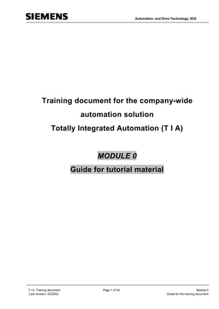 Automation- and Drive Technology- SCE
T I A Training document Page 1 of 54 Module 0
Last revision: 02/2002 Guide for the training document
Training document for the company-wide
automation solution
Totally Integrated Automation (T I A)
MODULE 0
Guide for tutorial material
 