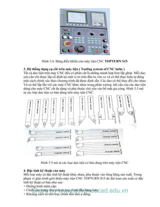 Hình 3.4. Bảng điều khiển của máy tiện CNC TOPTURN S15
3. Hệ thống dụng cụ cắt trên máy tiện ( Tooling system of CNC lathe )
Tất cả dao tiện trên máy CNC đều có phần cắt là những mảnh hợp kim lắp ghép. Mỗi dao
yêu cầu chỉ được lắp cố định tại một vị trí trên đầu rơ vôn ve và có thể thực hiện tự động
một cách chính xác theo chương trình dã được định sẵn. Các dao có thể thay đổi cho nhau
Và có thể lắp lẫn với các máy CNC khác nhau trong phân xưởng. kết cấu của các dao tiện
dùng cho máy CNC rất đa dạng và phụ thuộc chủ yếu vào bề mặt gia công. Hình 3.5 mô
tả các loại dao tiện cơ bản dùng trên máy tiện CNC.
Hình 3.5 mô tả các loại dao tiện cơ bản dùng trên máy tiện CNC
4. Đặc tính kỹ thuật của máy
Mỗi loại máy có đặc tính kỹ thuật khác nhau, phụ thuộc vào từng hãng sản xuất. Trong
phạm vi giáo trình giới thiệu máy tiện CNC TOPTURN S15 do đài loan sản xuất có đặc
tính kỹ thuật cơ bản như sau:
+ Đường kính mâm cặp:
+ Chiều cao trung tâm tính từ trục chính đến băng máy:
+ Khoảng cách từ tâm trục chính đến tâm ụ động:
Share by www.advancecad.edu.vn
 