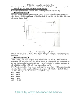 b/ Đài dao ở cùng phía người điều khiển
Trục Y được xác định sau khi các trục X,Z đã được xác định theo quy tắc bàn tay phải.
2. Các điểm góc của phôi – các điểm chuẩn của máy
Các điểm chuẩn cần được xác định chính xác trong vùng làm việc của máy.
2.1. Điểm gốc của máy M
Điểm góc tọa độ của máy M ( machine reference zero ) là điểm cố định do nhà chế tạo
sáng lập ngay từ khi thiết kế máy. Nó là điểm chuẩn để xác định các vị trí điểm khác như
gốc tọa độ của chi tiết W.
Hình 4.3 ví dụ các điểm gốc M,W và R
Đối với máy tiện, điểm M thường được chọn là diểm giao của trục Z với mặt phẳng đầu
trục chính.
2.2. Điểm gốc của phôi W
Trước khi lập trình, người lập trình phải chọn điểm góc của phôi W ( Workpiece zero
point ), để xuất phát từ điểm gốc này mà xác định vị trí các điểm gốc trên đường bao của
chi tiết. tuy nhiên cần xác định sao cho các kích thước trên bản vẽ gia công đồng thời là
các giá trị tọa độ. Hình 4.3 là một ví dụ về chọn điểm gốc W.
Điểm W của phôi có thể được chọn từ người lập trình trong phạm vi không gian làm việc
của máy và của chi tiết gia công. Chúng ta sử dụng nhóm lệnh từ G54 đến G59 và thay
đổi điểm W trong quá trình viết chương trình ( hình 4.4 )
G54 X0 Z330
G55 X0 Z240
G56 X0 Z150
G58 Z-90
G59 Z-180
Share by www.advancecad.edu.vn
 