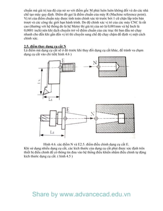 chuẩn mà giá trị tọa độ của nó so với điểm gốc M phải luôn luôn không đổi và do các nhà
chế tạo máy quy định. Điểm đó gọi là điểm chuẩn của máy R (Machine reference point).
Vị trí của điểm chuẩn này được tính toán chính xác từ trước bởi 1 cữ chặn lắp trên bàn
trượt và các công tắc giới hạn hành trình. Do độ chính xác vị trí của các máy CNC là rất
cao (thường với hệ thống đo là hệ Metre thì giá trị của nó là 0,001mm và hệ Inch là
0,0001 inch) nên khi dịch chuyển trở về điểm chuẩn của các trục thì ban đầu nó chạy
nhanh cho đến khi gần đến vị trí thì chuyển sang chế độ chạy chậm để định vị một cách
chính xác.
2.5. điểm thay dụng cụ cắt N
Là điểm mà dụng cụ cắt sẽ ở đó trước khi thay đổi dụng cụ cắt khác, để tránh va chạm
dụng cụ cắt vào chi tiết( hình 4.6 )
Hình 4.6. các điểm N và E2.5. điểm điều chỉnh dụng cụ cắt E.
Khi sử dụng nhiều dụng cụ cắt, các kích thước của dụng cụ cắt phải được xác định trên
thiết bị điều chỉnh để có thông tin đưa vào hệ thống điều khiển nhằm điều chỉnh tự động
kích thước dụng cụ cắt. ( hình 4.5 )
Share by www.advancecad.edu.vn
 