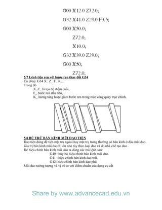 5.7 Lệnh tiện ren với bước ren thay đổi G34
Cú pháp: G34 X_ Z_ F_ K_;
Trong đó
X_Z_ là tọa độ điểm cuối,
F_ bước ren đầu tiên,
K_ lương tăng hoặc giảm bước ren trong một vòng quay trục chính.
5.8 BÙ TRỪ BÁN KÍNH MŨI DAO TIỆN
Dao tiện dùng để tiện mặt trụ ngòai hay mặt trụ trong thường có bán kính ở đầu mũi dao.
Giá trị bán kính mũi dao R lớn nhỏ tùy theo loại dao và do nhà chế tạo dao .
Để hiệu chỉnh bán kính mũi dao ta dùng các mã lệnh sau:
G40 : hủy bỏ hiệu chỉnh bán kính mũi dao.
G41 : hiệu chỉnh bán kính dao trái.
G42: hiệu chỉnh bán kính dao phải
Mũi dao tưởng tượng và vị trí so với điểm chuẩn của dụng cụ cắt
Share by www.advancecad.edu.vn
 