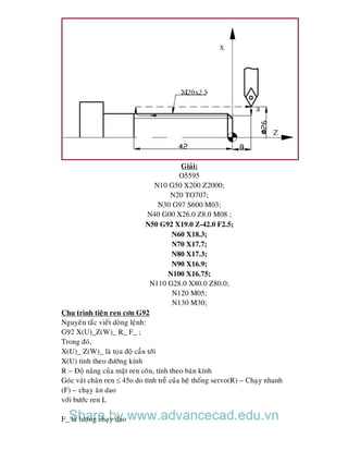 Giaûi:
O5595
N10 G50 X200 Z2000;
N20 TO707;
N30 G97 S600 M03;
N40 G00 X26.0 Z8.0 M08 ;
N50 G92 X19.0 Z-42.0 F2.5;
N60 X18.3;
N70 X17.7;
N80 X17.3;
N90 X16.9;
N100 X16.75;
N110 G28.0 X80.0 Z80.0;
N120 M05;
N130 M30;
Chu trình tieän ren côn G92
Nguyeân taéc vieát doøng leänh:
G92 X(U)_Z(W)_ R_ F_ ;
Trong ñoù,
X(U)_ Z(W)_ laø toïa ñoä caàn tôùi
X(U) tính theo ñöôøng kính
R – Ñoä naâng cuûa maët ren coân, tính theo baùn kính
Goùc vaùt chaân ren  45o do tính treã cuûa heä thoáng servo(R) – Chaïy nhanh
(F) – chaïy aên dao
vôùi böôùc ren L
F_ laø löôïng chaïy daoShare by www.advancecad.edu.vn
 