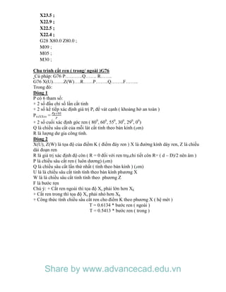 X23.5 ;
X22.9 ;
X22.5 ;
X22.4 ;
G28 X80.0 Z80.0 ;
M09 ;
M05 ;
M30 ;
Chu trình cắt ren ( trong/ ngoài )G76
Cú pháp: G76 P………..Q……. R…….
G76 X(U)…….Z(W)….R……P……..Q……..F……..
Trong đó:
Dòng 1
P có 6 tham số:
+ 2 số đầu chỉ số lần cắt tinh
+ 2 số kế tiếp xác định giá trị Pr để vát cạnh ( khoảng hở an toàn )
PxxXXxx =
+ 2 số cuối xác định góc ren ( 800
, 600
, 550
, 300
, 290
, 00
)
Q là chiều sâu cắt của mỗi lát cắt tính theo bán kính ( m)
R là lượng dư gia công tinh.
Dòng 2
X(U), Z(W) là tọa độ của điểm K ( điểm đáy ren ) X là đường kính dáy ren, Z là chiều
dài đoạn ren
R là giá trị xác định độ côn ( R = 0 đối với ren trụ,chi tiết côn R= ( d – D)/2 nên âm )
P là chiều sâu cắt ren ( luôn dương) ( m)
Q là chiều sâu cắt lần thứ nhất ( tính theo bán kính ) ( m)
U là là chiều sâu cắt tinh tính theo bán kính phương X
W là là chiều sâu cắt tinh tính theo phương Z
F là bước ren
Chú ý: + Cắt ren ngoài thì tọa độ Xs phải lớn hơn Xk
+ Cắt ren trong thì tọa độ Xs phải nhỏ hơn Xk
+ Công thức tính chiều sâu cắt ren cho điểm K theo phương X ( hệ mét )
T = 0.6134 * bước ren ( ngoài )
T = 0.5413 * bước ren ( trong )
Share by www.advancecad.edu.vn
 