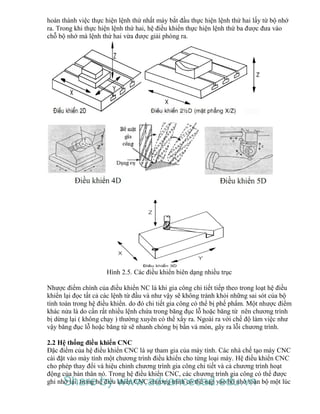 hoàn thành việc thực hiện lệnh thứ nhất máy bắt đầu thực hiện lệnh thứ hai lấy từ bộ nhớ
ra. Trong khi thực hiện lệnh thứ hai, hệ điều khiển thực hiện lệnh thứ ba được đưa vào
chỗ bộ nhớ mà lệnh thứ hai vừa được giải phóng ra.
Hình 2.5. Các điều khiển biên dạng nhiều trục
Nhược điểm chính của điều khiển NC là khi gia công chi tiết tiếp theo trong loạt hệ điều
khiển lại đọc tất cả các lệnh từ đầu và như vậy sẽ không tránh khỏi những sai sót của bộ
tính toán trong hệ điều khiển. do đó chi tiết gia công có thể bị phế phẩm. Một nhược điểm
khác nửa là do cần rất nhiều lệnh chứa trong băng đục lỗ hoặc băng từ nên chương trình
bị dừng lại ( không chạy ) thường xuyên có thể xẩy ra. Ngoài ra với chế độ làm việc như
vậy băng đục lỗ hoặc băng từ sẽ nhanh chóng bị bẩn và mòn, gây ra lỗi chương trình.
2.2 Hệ thống điều khiển CNC
Đặc điểm của hệ điều khiển CNC là sự tham gia của máy tính. Các nhà chế tạo máy CNC
cài đặt vào máy tính một chương trình điều khiển cho từng loại máy. Hệ điều khiển CNC
cho phép thay đổi và hiệu chỉnh chương trình gia công chi tiết và cả chương trình hoạt
động của bản thân nó. Trong hệ điều khiển CNC, các chương trình gia công có thể được
ghi nhớ lại. trong hệ điều khiển CNC chương trình có thể nạp vào bộ nhớ toàn bộ một lúcShare by www.advancecad.edu.vn
 