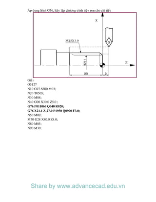 AÙp duïng leänh G76, haõy laäp chöông trình tieän ren cho chi tieát
Giaûi
O5127
N10 G97 S600 M03;
N20 T0505;
N30 M08;
N40 G00 X30,0 Z5.0 ;
G76 P011060 Q040 R020;
G76 X21.1 Z-27.0 P1950 Q0900 F3.0;
N50 M09;
M70 G28 X80.0 Z8.0;
N80 M05;
N90 M30;
Share by www.advancecad.edu.vn
 