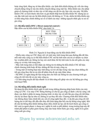 hoặc từng lệnh, bằng tay từ bàn điều khiển. các lệnh điều khiển không chỉ viết cho từng
chuyển động riêng lẻ mà cho nhiều chuyển động cùng một lúc. Điều khiển này cho phép
giảm số chương trình và như vậy có thể nâng cao độ tin cậy làm việc của máy. Hệ điều
khiển CNC có kích thước nhỏ hơn và giá thành thấp hơn hệ điều khiển NC nhưng lại có
các đặc tính mới mà các hệ điều khiển trước đó không có. Ví dụ: nhiều hệ điều khiển này
có khả năng hiệu chỉnh những sai số cố định của máy- những nguyên nhân gây ra sai số
gia công.
2.3. Hệ điều khiển DNC ( Direct numerial control )
Đặc điểm của hệ điều khiển DNC như hình 2.6
Hình 2.6. Nguyên lý hoạt động của hệ điều khiển DNC
- Nhiều máy công cụ CNC được nối với một máy tính trung tâm qua đường dẫn dữ liệu.
mỗi một máy công cụ có thể điều khiển CNC mà bộ tính toán của nó có nhiệm vụ chọn
lọc và phân phối các thông tin hay nói cách khác thì bộ tính toán là cầu nối giữa các máy
công cụ và máy tính trung tâm.
- Máy tính trung tâm có thể nhận các thông tin từ những bộ điều khiển CNC để hiệu
chỉnh chương trình hoặc để đọc những dữ liệu từ máy công cụ.
- Trong một số trường hợp máy tính đóng vai trò chỉ đạo trong việc lựa chọn những chi
tiết gia công theo thứ tự ưu tiên để phân chia đi các máy khác nhau.
- Hệ DNC có ngân hàng dữ liệu trung tâm cho biết các thông tin của chương trình gia
công chi tiết trên tất cả các máy công cụ.
- Có khả năng truyền dữ liệu nhanh và có khả năng nối ghép vào các hệ thống gia công
linh hoạt FMS.
2.4. Hệ thống điều khiển thích nghi
Sử dụng hệ điều khiển thích nghi là một trong những phương pháp hoàn thiện của máy
công cụ CNC. Các máy CNC thông thường có chu kỳ gia công cố định ( chu kỳ cứng ) đã
được xác định ở phần tử mang chương trình và như vậy cứ mỗi lần gia công chi tiết khác
chu kỳ lại được lặp lại như cũ, không có sự thay đổi nào. Chương trình điều khiển như
vậy không được hiệu chỉnh khi các yếu tố công nghệ thay đổi. ví dụ khi gia công chi tiết
lượng dư có thể thay đổi dẫn dến thay đổi biên dạng đàn hồi của hệ thống công nghệ. Khi
đó nếu hệ thống điều khiển không được điều chỉnh lại lực cắt thì kích thước gia công có
thể vượt ra ngoài phạm vi dung sai ( nghĩa là sinh ra phế phẩm). trong trường hợp này để
tránh phế phẩm ta phải giảm lượng chạy dao hoặc thêm bước gia công, nghĩa là ta giảm
năng suất gia công.
MÁY TÍNH
TRUNG TÂM
CNC CNC CNC CNC
MÁY CNC 1 MÁY CNC 2 MÁY CNC ... MÁY CNC n
Share by www.advancecad.edu.vn
 