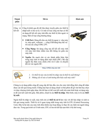 Thành 
phần 
Mô tả Hình ảnh 
Cổng và 
kết nối 
Cổng là kênh qua đó dữ liệu được truyền giữa các thiết bị 
nhập/xuất và bộ xử lý. Có một số loại cổng mà bạn có thể 
sử dụng để kết nối máy tính đến các thiết bị bên ngoài và 
mạng. Một số loại cổng thường dùng: 
 USB Port: Dùng để cắm các thiết bị ngoại vi như máy 
in, máy quét , webcam ...; cổng USB đang thay thế vai 
trò của các cổng COM, LPT. 
 Cổng Mạng: Sử dụng cổng này để kết nối máy tính 
với máy tính khác nhằm trao đổi thông tin giữa các 
máy tính. 
 Nguồn: Bo mạch chủ và các thành phần khác bên 
trong máy tính sử dụng điện một chiều (DC). Bộ cấp 
nguồn lấy điện xoay chiều (AC) từ ổ cắm và chuyển 
đổi nó vào nguồn DC. 
Bảng 1.2Phần cứng máy tính 
1. Có thiết bị nào vừa là thiết bị nhập vừa là thiết bị xuất không? 
2. Những yếu tố nào sẽ ảnh hường đến hiệu suất máy tính? 
Chúng ta sử dụng phần cứng để cung cấp dữ liệu đầu vào cho máy tính đồng thời cũng để nhận 
được các kết quả mong muốn. Chẳng hạn bạn sử dụng chuột và bàn phím để gõ văn bản hay chọn 
và chạy chương trình nghe nhạc, khi đó bạn có thể xem kết xuất trên màn hình hoặc sử dụng máy 
in để xem kết xuất trên giấy. Bàn phím, chuột là các thiết bị nhập. Màn hình, máy in là các thiết 
bị xuất. 
Ngoài thiết bị nhập và xuất, máy tính còn có thiết bị xử lí làm việc với dữ liệu nhập và sinh ra 
kết quả mong muốn. Thiết bị xử lí quan trọng nhất trong máy tính là CPU (Central Processing 
Unit). Đây là bộ não của máy tính điều khiển mọi hoạt động và thực thi các lệnh mà người dùng 
đưa vào. Trong quá trình xử lí tính toán, CPU sẽ lưu trữ dữ liệu tạm thời ở bộ nhớ trong. 
Bản quyền thuộc Khoa Công nghệ thông tin Trang 30 
Trường ĐH Sư phạm Tp. Hồ Chí Minh 
