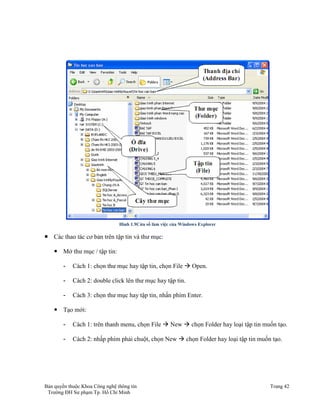 Hình 1.9Cửa sổ làm việc của Windows Explorer 
 Các thao tác cơ bản trên tập tin và thư mục: 
 Mở thư mục / tập tin: 
- Cách 1: chọn thư mục hay tập tin, chọn File  Open. 
- Cách 2: double click lên thư mục hay tập tin. 
- Cách 3: chọn thư mục hay tập tin, nhấn phím Enter. 
 Tạo mới: 
- Cách 1: trên thanh menu, chọn File  New  chọn Folder hay loại tập tin muốn tạo. 
- Cách 2: nhấp phím phải chuột, chọn New  chọn Folder hay loại tập tin muốn tạo. 
Bản quyền thuộc Khoa Công nghệ thông tin Trang 42 
Trường ĐH Sư phạm Tp. Hồ Chí Minh 
