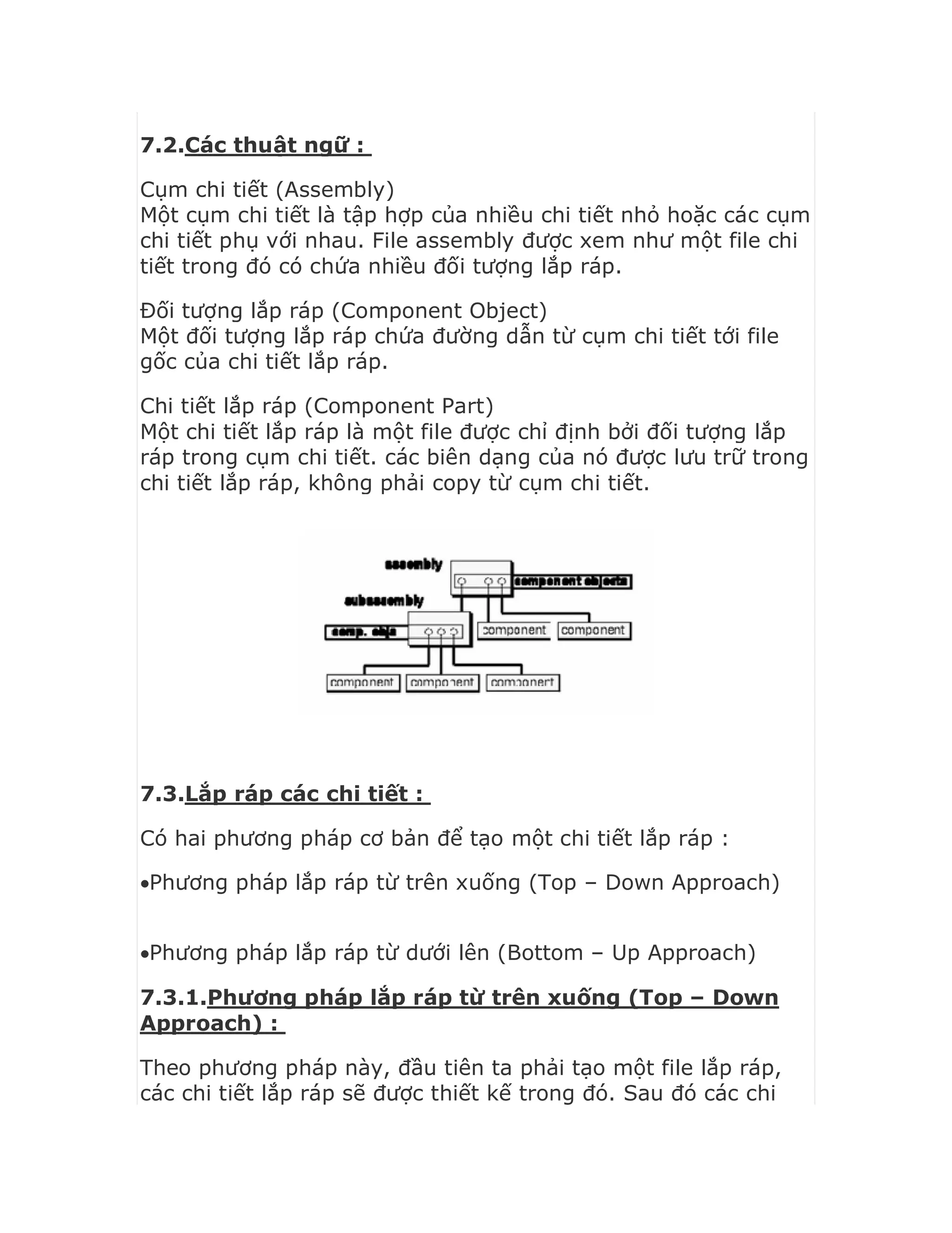 7.2.Các thuật ngữ :
Cụm chi tiết (Assembly)
Một cụm chi tiết là tập hợp của nhiều chi tiết nhỏ hoặc các cụm
chi tiết phụ với nhau. File assembly được xem như một file chi
tiết trong đó có chứa nhiều đối tượng lắp ráp.
Đối tượng lắp ráp (Component Object)
Một đối tượng lắp ráp chứa đường dẫn từ cụm chi tiết tới file
gốc của chi tiết lắp ráp.
Chi tiết lắp ráp (Component Part)
Một chi tiết lắp ráp là một file được chỉ định bởi đối tượng lắp
ráp trong cụm chi tiết. các biên dạng của nó được lưu trữ trong
chi tiết lắp ráp, không phải copy từ cụm chi tiết.
7.3.Lắp ráp các chi tiết :
Có hai phương pháp cơ bản để tạo một chi tiết lắp ráp :
Phương pháp lắp ráp từ trên xuống (Top – Down Approach)
Phương pháp lắp ráp từ dưới lên (Bottom – Up Approach)
7.3.1.Phương pháp lắp ráp từ trên xuống (Top – Down
Approach) :
Theo phương pháp này, đầu tiên ta phải tạo một file lắp ráp,
các chi tiết lắp ráp sẽ được thiết kế trong đó. Sau đó các chi
 