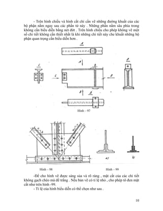 - Trên hình chiếu và hình cắt chỉ cần vẽ những đường khuất của các
bộ phận nằm ngay sau các phần tử này . Những phần nằm sâu phía trong
không cần biểu diễn bằng nét đứt . Trên hình chiếu cho phép không vẽ một
số chi tiết không cần thiết nhất là khi những chi tiết này che khuất những bộ
phận quan trọng cần biểu diễn hơn .
Hình – 98 Hình – 99
Hình – 97
-Để cho hình vẽ được sáng sủa và rõ ràng , mặt cắt của các chi tiết
không gạch chéo mà để trắng . Nếu bản vẽ có tỉ lệ nhỏ , cho phép tô đen mặt
cắt như trên hình -99.
- Tỉ lệ của hình biểu diễn có thể chọn như sau .
10
 
