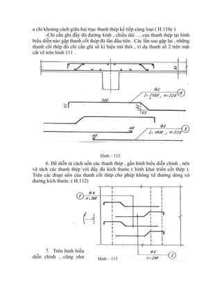 a chỉ khoảng cách giữa hai trục thanh thép kế tiếp cùng loại ( H.110c )
-Chỉ cần ghi đầy đủ đường kính , chiều dài … của thanh thép tại hình
biểu diễn nào gặp thanh cốt thép đó lần đầu tiên . Các lần sau gặp lại , những
thanh cốt thép đó chỉ cần ghi số kí hiệu mà thôi , ví dụ thanh số 2 trên mặt
cắt vẽ trên hình 111 .
Hình – 112
6. Để diễn tả cách uốn các thanh thép , gần hình biểu diễn chính , nên
vẽ tách các thanh thép với đầy đủ kích thước ( hình khai triển cốt thép ).
Trên các đoạn uốn của thanh cốt thép cho phép không vẽ đường dóng và
đường kích thước. ( H.112)
7. Trên hình biểu
diễn chính , cũng như Hình – 113
 