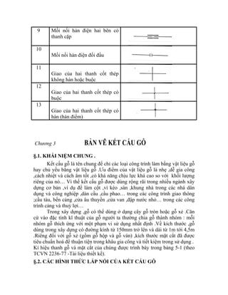 9 Mối nối hàn điện hai bên có
thanh cặp
10
Mối nối hàn điện đối đầu
11
Giao của hai thanh cốt thép
không hàn hoặc buộc
12
Giao của hai thanh cốt thép có
buộc
13
Giao của hai thanh cốt thép có
hàn (hàn điểm)
Chương 3 BẢN VẼ KẾT CẤU GỖ
§.1.
Kết cấu gỗ là tên chung để chỉ các loại công trình làm bằng vật liệu gỗ
hay chủ yếu bằng vật liệu gỗ .Ưu điểm của vật liệu gỗ là nhẹ ,dễ gia công
,cách nhiệt và cách âm tốt ,có khả năng chịu lực khá cao so với khối lượng
riêng của nó… Vì thế kết cấu gỗ được dùng rộng rãi trong nhiều ngành xây
dựng cơ bản ,ví dụ để làm cột ,vì kèo ,sàn ,khung nhà trong các nhà dân
dụng và công nghiệp ,dàn cầu ,cầu phao… trong các công trình giao thông
;cầu tàu, bến cảng ,cửa âu thuyền ,cửa van ,đập nước nhỏ… trong các công
trình cảng và thuỷ lợi…
KHÁI NIỆM CHUNG .
Trong xây dựng ,gỗ có thể dùng ở dạng cây gỗ tròn hoặc gỗ xẻ .Căn
cứ vào đặc tính kĩ thuật của gỗ người ta thường chia gỗ thành nhóm : mỗi
nhóm gỗ thích ứng với một phạm vi sử dụng nhất định .Về kích thước ,gỗ
dùng trong xây dựng có đường kính từ 150mm trở lên và dài từ 1m tới 4,5m
.Riêng đối với gỗ xẻ (gồm gỗ hộp và gỗ ván) ,kích thước mặt cắt đã được
tiêu chuẩn hoá để thuận tiện trong khâu gia công và tiết kiệm trong sử dụng .
Kí hiệu thanh gỗ và mặt cắt của chúng được trình bày trong bảng 5-1 (theo
TCVN 2236-77 -Tài liệu thiết kế).
§.2. CÁC HÌNH THỨC LẮP NỐI CỦA KẾT CẤU GỖ
 