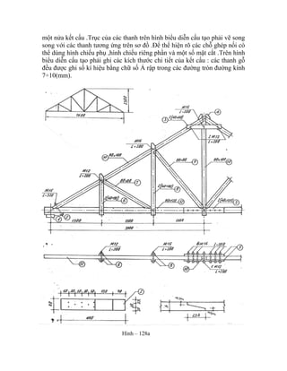 một nửa kết cấu .Trục của các thanh trên hình biểu diễn cấu tạo phải vẽ song
song với các thanh tương ứng trên sơ đồ .Để thể hiện rõ các chỗ ghép nối có
thể dùng hình chiếu phụ ,hình chiếu riêng phần và một số mặt cắt .Trên hình
biểu diễn cấu tạo phải ghi các kích thước chi tiết của kết cấu : các thanh gỗ
đều được ghi số kí hiệu bằng chữ số Ả rập trong các đường tròn đường kính
7÷10(mm).
Hình – 128a
 