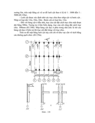xưởng lớn, trên mặt bằng có vẽ sơ đồ lưới cột theo tỉ lệ từ 1 : 1000 đến 1 :
5000 (H.138a) .
- Lưới cột được xác định nhờ các trục chia theo nhịp cột và bước cột .
Nhịp có loại dài 12m, 18m, 24m . Bước cột có loại 6m, 12m.
- Đối với bảng cột ở đầu nhà, trục của cột đặt cách trục chia một đoạn
dài bằng 500m. Tương tự ở khe biến dạng, trục của cột cũng đặt cách trục
chia 500mm (H.138b). Mép hàng cột dọc ở phía trong nhà (tức là trừ các
hàng cột dọc ở biên ra) thì trục cột đặt trùng với trục chia .
Trên sơ đồ mặt bằng lưới cột này còn chỉ rõ khu vực cần vẽ tách bằng
các đường gạch chéo .(H.139a).
Hình – 138
 