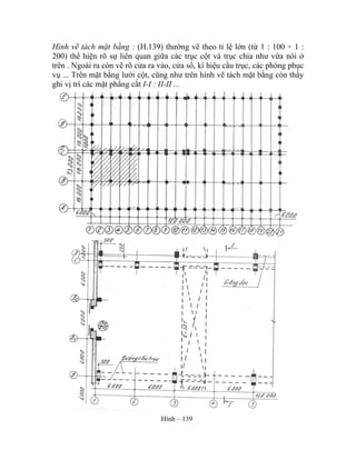 Hình vẽ tách mặt bằng : (H.139) thường vẽ theo tỉ lệ lớn (từ 1 : 100 ÷ 1 :
200) thể hiện rõ sự liên quan giữa các trục cột và trục chia như vừa nói ở
trên . Ngoài ra còn vẽ rõ cửa ra vào, cửa sổ, kí hiệu cầu trục, các phòng phục
vụ ... Trên mặt bằng lưới cột, cũng như trên hình vẽ tách mặt bằng còn thấy
ghi vị trí các mặt phẳng cắt I-I : II-II ...
Hình – 139
 