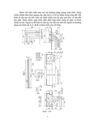 Hình 145 biểu diễn một mố cầu bêtông dùng móng toàn khối .Hình
chiếu chính nhìn theo ngang cầu ,đặt mố ở vị trí tự nhiên trong lòng đất .Để
hiểu rõ cấu tạo chi tiết ,trên các hình chiếu còn lại quy ước bóc vỏ lớp đất
bao phủ .Hình chiếu cạnh biểu diễn phối hợp hình chiếu từ phải và hình
chiếu từ trái .Ngoài ra để hiểu rõ cấu tạo chi tiết của mũ mố ,người ta thường
dùng các hình cắt A-A ,B-B và khai triển các cốt thép .
Hình – 145
4
 