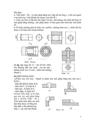 liền đậm .
b- Trên hình 92c , vẽ mối ghép bằng ren ( lắp nối hai ống ) , ở đó ren ngoài
( ren trên trục ) che khuất ren trong ( ren trên lỗ )
c- Trên các bản vẽ lắp kết cấu thép tỉ lệ lớn , khi không cần thiết thể hiện rõ
mối ghép bằng bulông , cho phép được vẽ đơn giản như trình bày trên hình
93.
d- Kí hiệu bulông gồm kí hiệu ren ( prôfin , đường kính ren ) , chiều dài bu
lông và số hiệu tiêu chuẩn bulông .
Ví dụ :Bu lông M 12 × 60 TCVN 1892-
76( Bulông đầu sáu cạnh , ren hệ mét ,
đường kính ren 12 mm , chiều dài bulông
60mm ).
II.GHÉP BẰNG HÀN
a)Phân loại mối hàn : Người ta phân loại mối ghép bằng hàn như sau (
H.94 )
- Hàn đối đỉnh kí hiệu là D .
- Hàn chữ T , kí hiệu là T .
- Hàn góc , kí hiệu là G .
- Hàn chập , kí hiệu là C .
b)Cách biểu diễn và kí hiệu
quy ước các mối ghép bằng
hàn ( TCVN 3746 - 83 ).
Trên hình biểu diễn các mối
hàn thấy được vẽ bằng nét
liền đậm ( như đường bao
thấy ) , các mối hàn khuất
Hình – 92a,b,c
Hình – 93
Hình – 94
7
 
