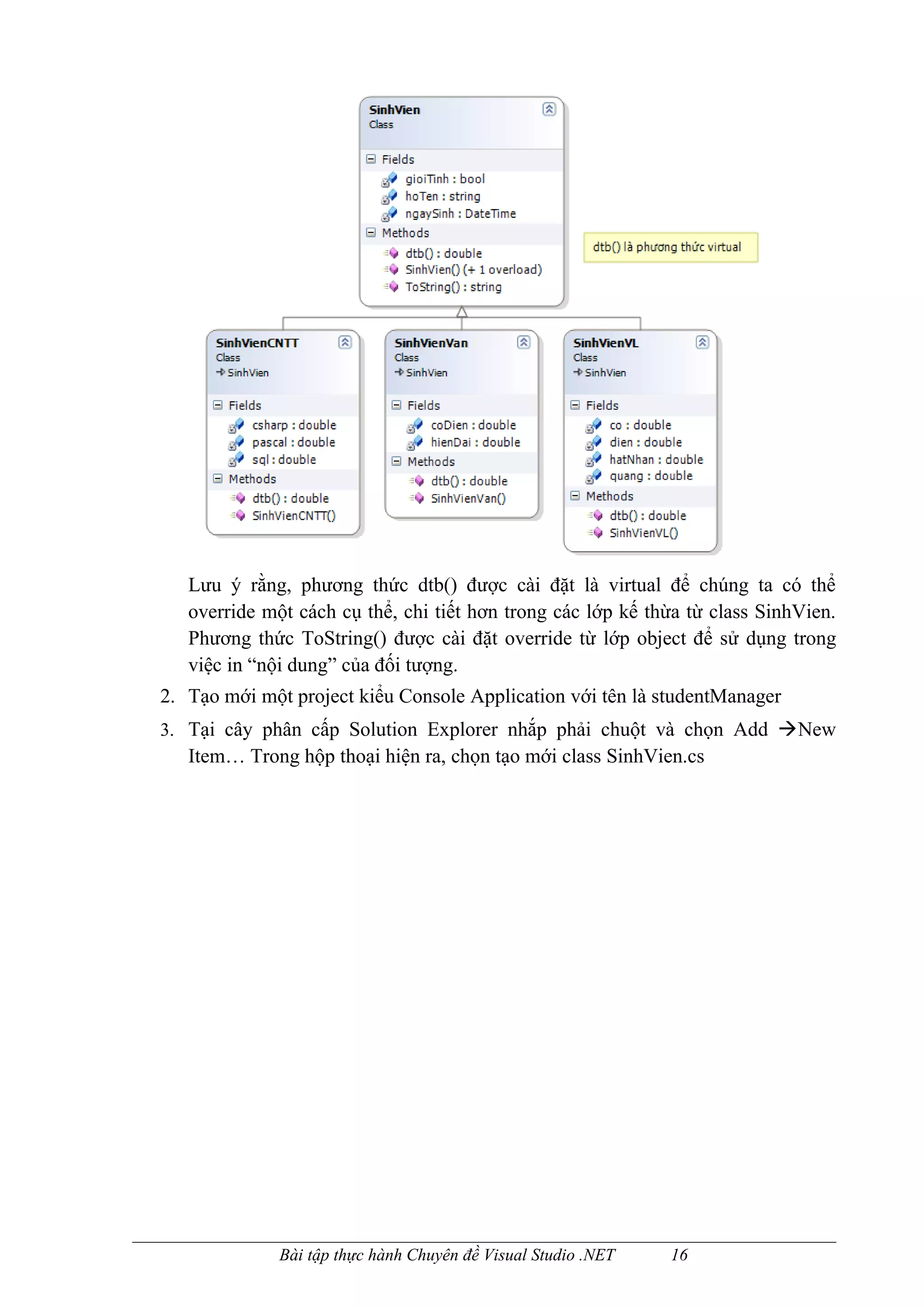 Lưu ý rằng, phương thức dtb() được cài đặt là virtual để chúng ta có thể
   override một cách cụ thể, chi tiết hơn trong các lớp kế thừa từ class SinhVien.
   Phương thức ToString() được cài đặt override từ lớp object để sử dụng trong
   việc in “nội dung” của đối tượng.
2. Tạo mới một project kiểu Console Application với tên là studentManager
3. Tại cây phân cấp Solution Explorer nhắp phải chuột và chọn Add New
   Item… Trong hộp thoại hiện ra, chọn tạo mới class SinhVien.cs




              Bài tập thực hành Chuyên đề Visual Studio .NET   16
 