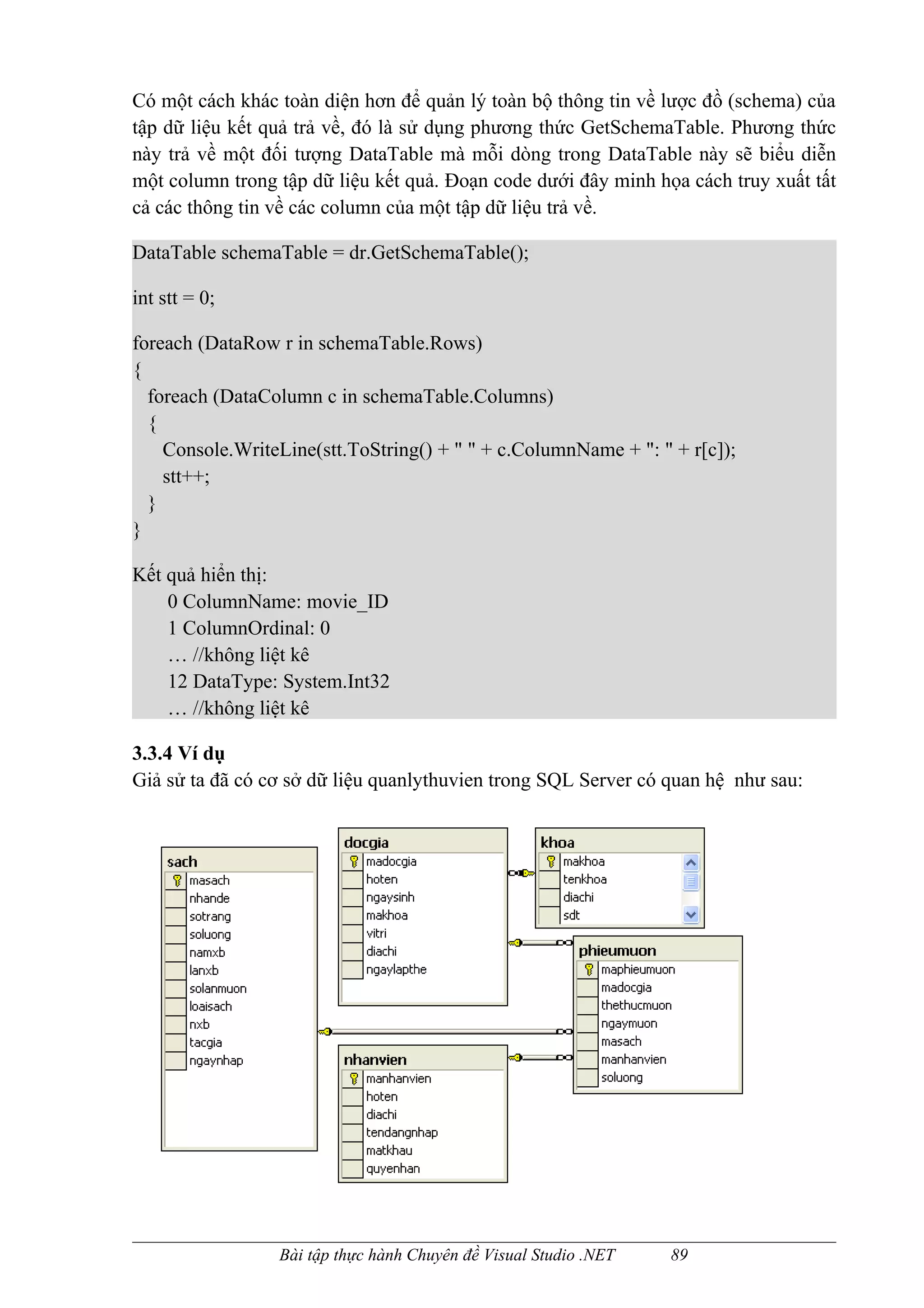 Có một cách khác toàn diện hơn để quản lý toàn bộ thông tin về lược đồ (schema) của
tập dữ liệu kết quả trả về, đó là sử dụng phương thức GetSchemaTable. Phương thức
này trả về một đối tượng DataTable mà mỗi dòng trong DataTable này sẽ biểu diễn
một column trong tập dữ liệu kết quả. Đoạn code dưới đây minh họa cách truy xuất tất
cả các thông tin về các column của một tập dữ liệu trả về.

DataTable schemaTable = dr.GetSchemaTable();

int stt = 0;

foreach (DataRow r in schemaTable.Rows)
{
  foreach (DataColumn c in schemaTable.Columns)
  {
    Console.WriteLine(stt.ToString() + " " + c.ColumnName + ": " + r[c]);
    stt++;
  }
}

Kết quả hiển thị:
    0 ColumnName: movie_ID
    1 ColumnOrdinal: 0
    … //không liệt kê
    12 DataType: System.Int32
    … //không liệt kê

3.3.4 Ví dụ
Giả sử ta đã có cơ sở dữ liệu quanlythuvien trong SQL Server có quan hệ như sau:




                 Bài tập thực hành Chuyên đề Visual Studio .NET   89
 